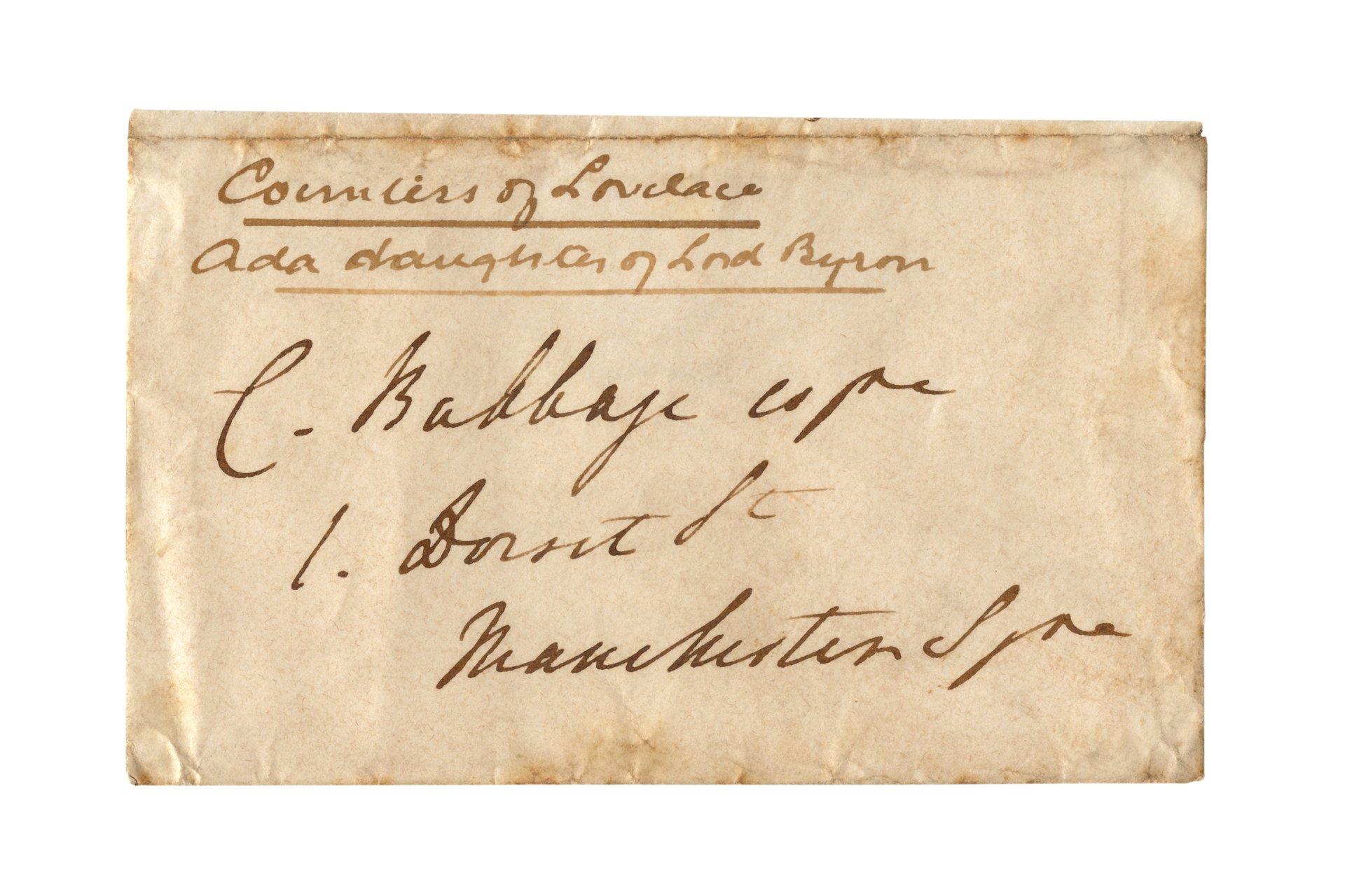 Old cream coloured envelope with handwriting: Countess of Lovelace Ada daughter of Lord Byron; C. Babbage
