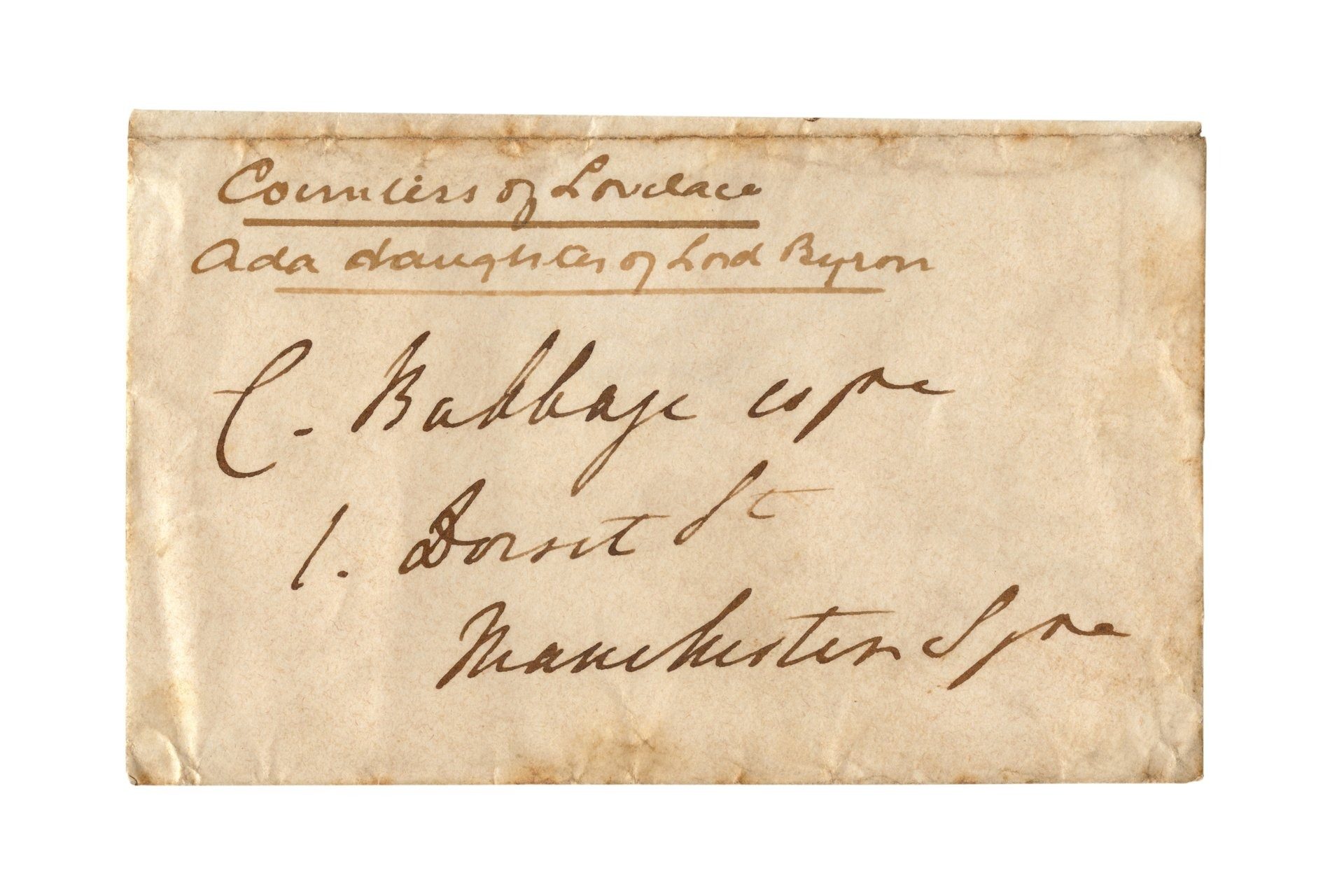 Old cream coloured envelope with handwriting: Countess of Lovelace Ada daughter of Lord Byron; C. Babbage