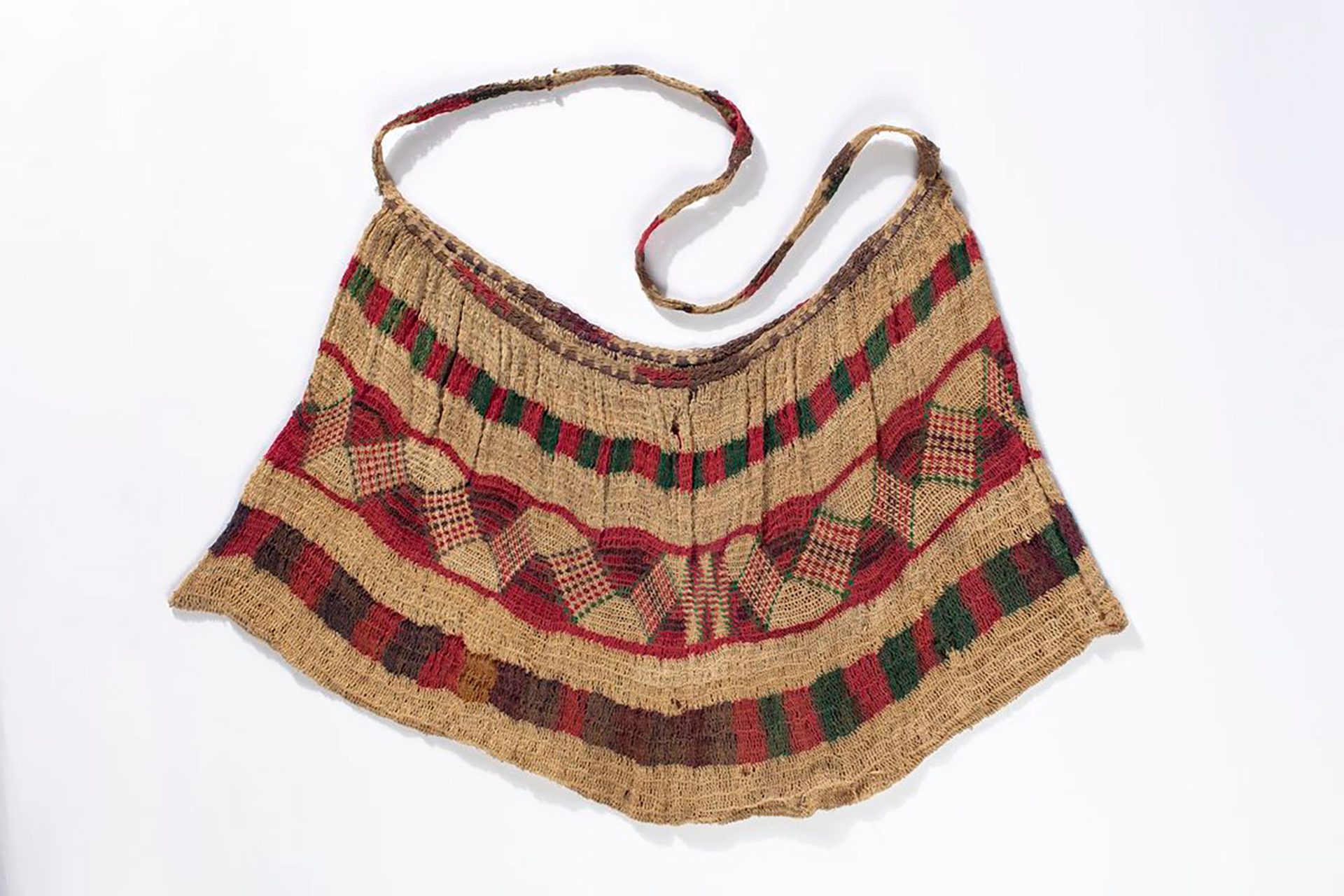 A hand-woven bag with wide mouth featuring three multi-coloured decorative bands.