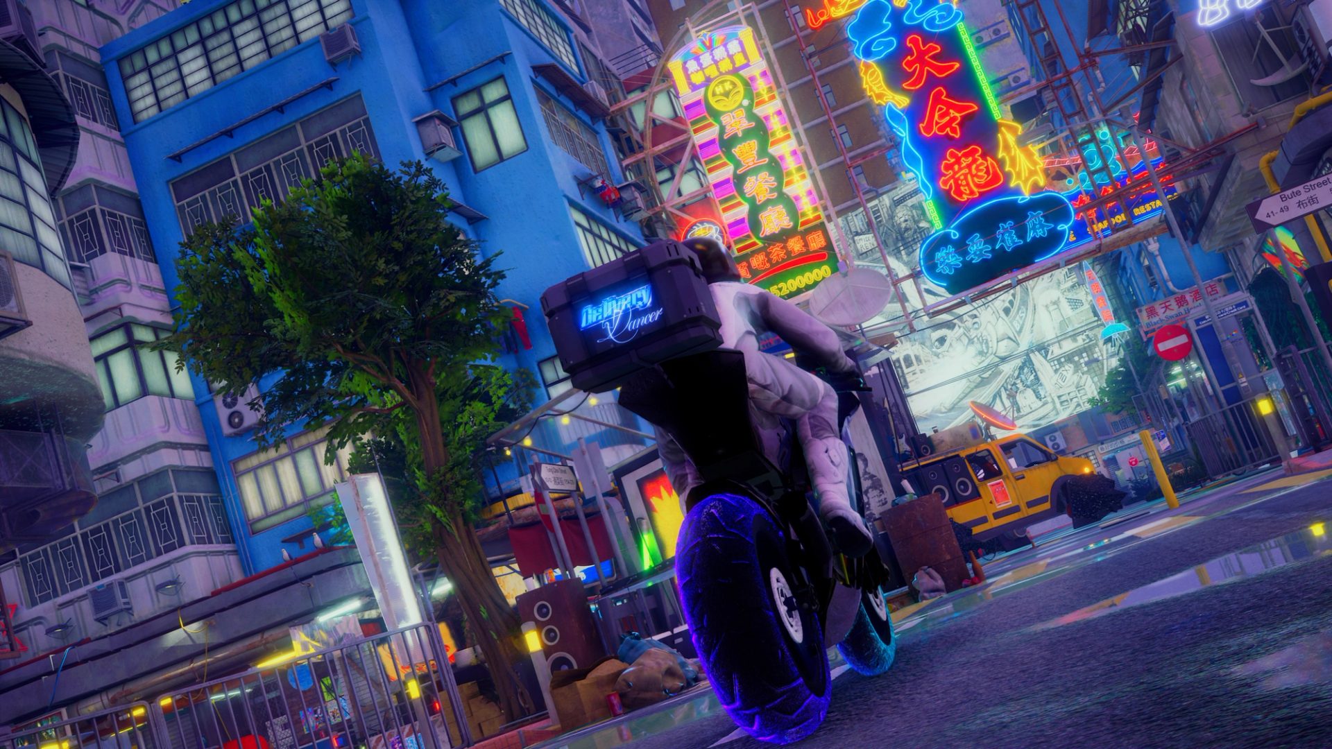 A still from Dancer in the Mirror Field, in which a delivery driver speeds through a sci-fi city, while driving a motorcycle