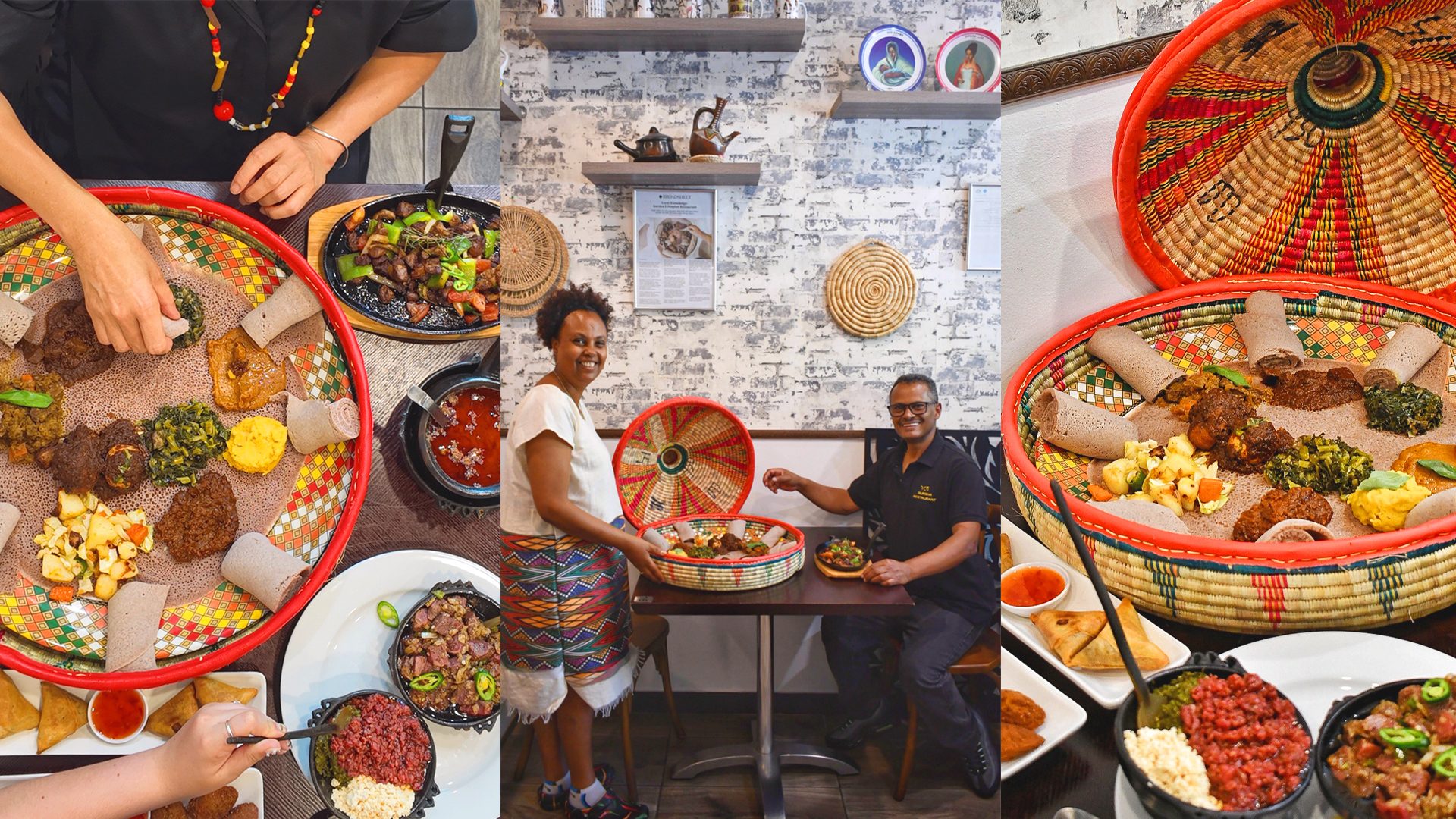 Triptych featuring a Gursha Exclusive – injera with traditional Ethiopian fillings with Gursha co-founders and owners Yibeltal Tsegaw and Rahel Woldearegay.