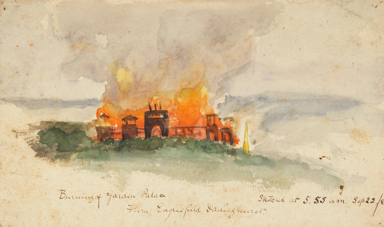 Watercolour of a burning building