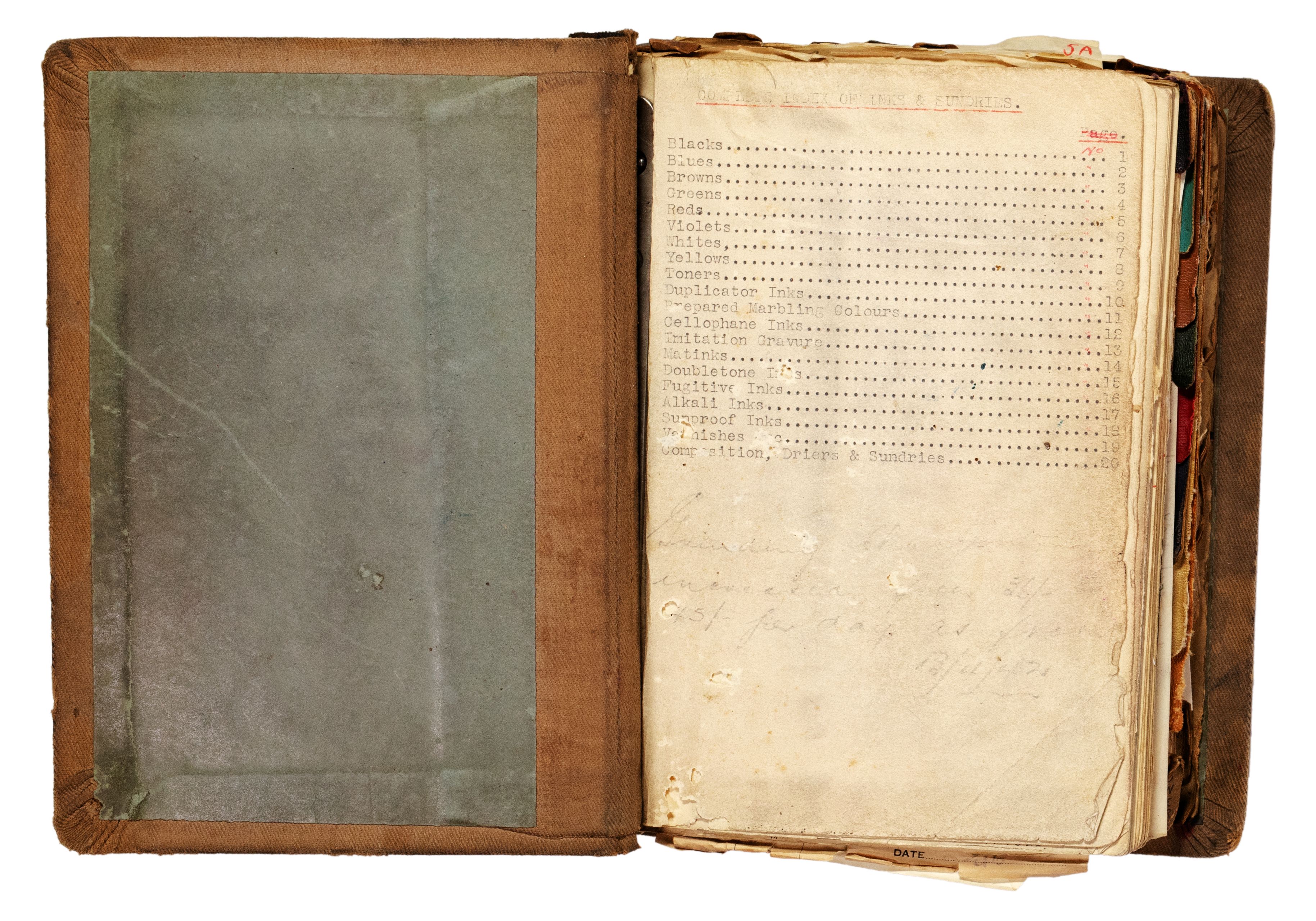 A volume containing typescript and manuscript recipes for the manufacture of ink and other related products, 1936-47.