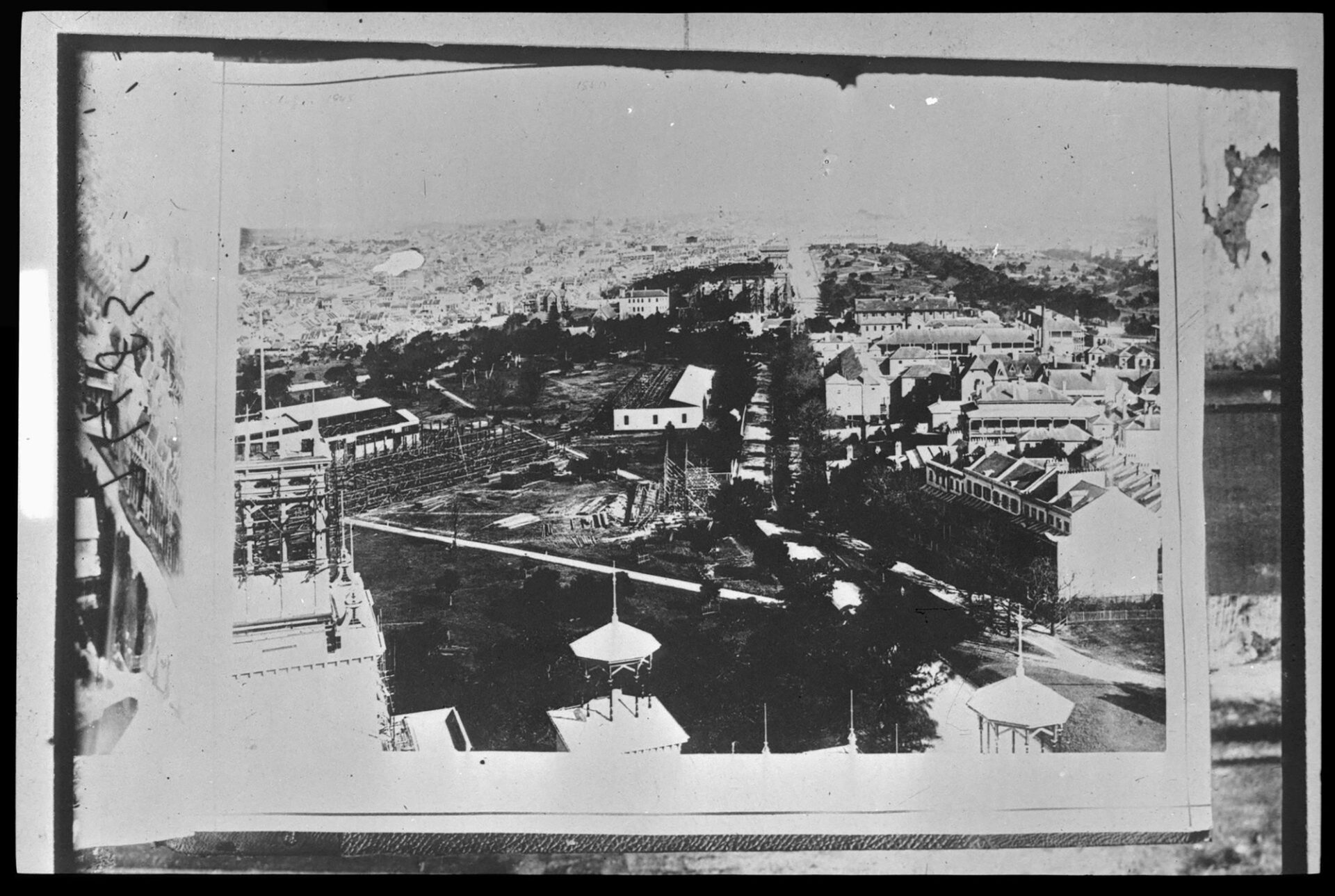 Black and white photograph of the Agricultural Hall builidng site from above