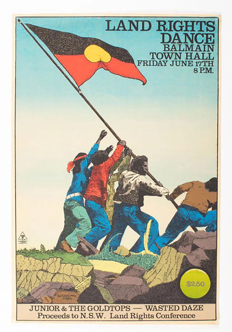 Illustrated poster featuring image of Indigenous people raising the Indigenous flag.