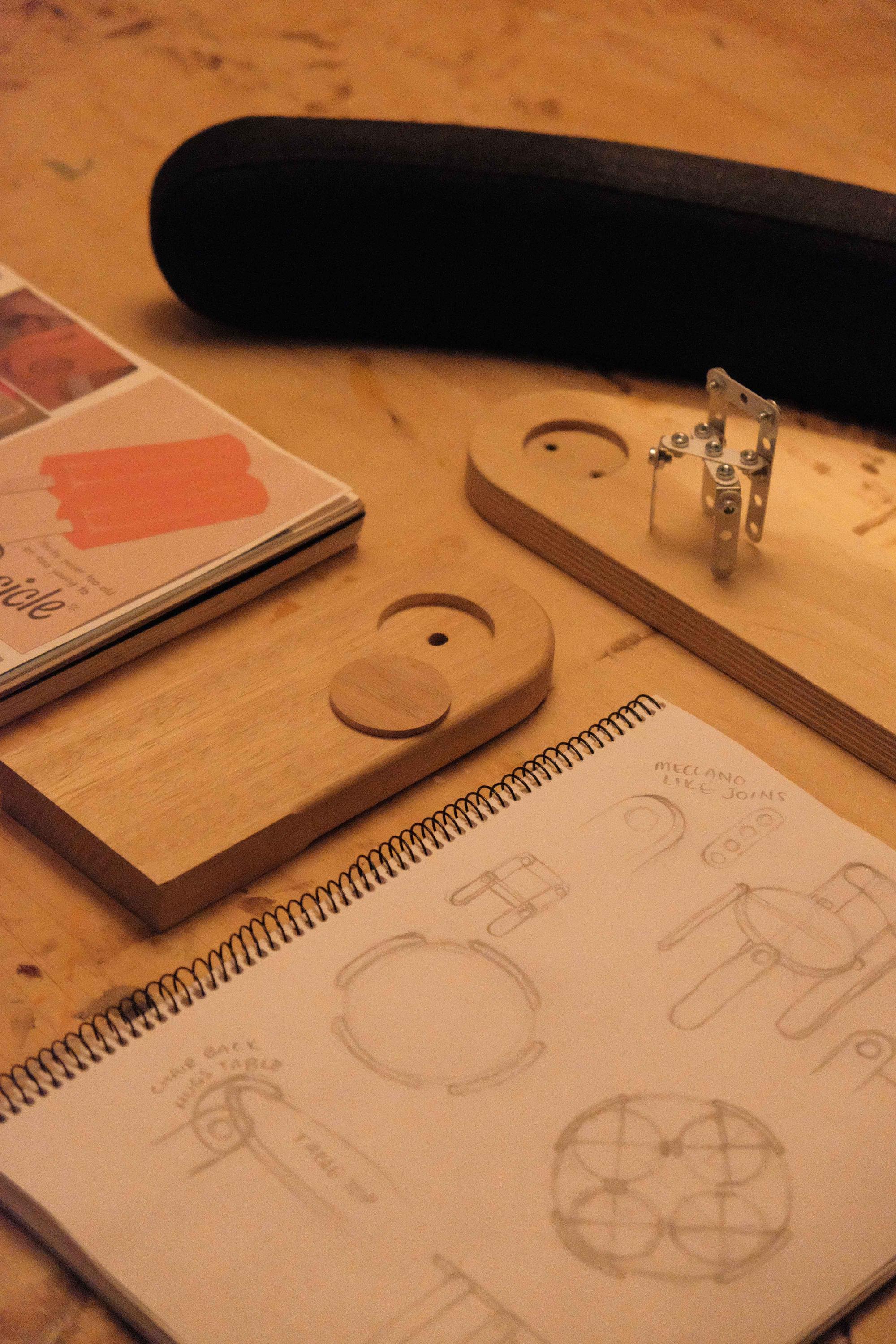 A flat lay of process pieces in designing and making a chair.