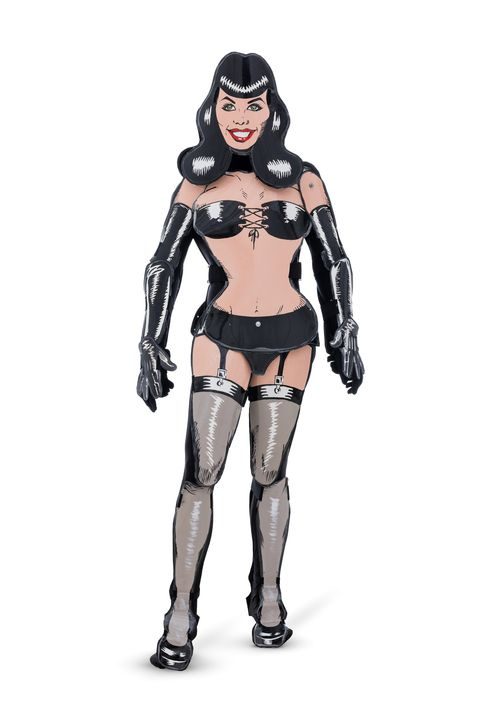 White woman dressed as a cut-out paper doll clothed in a matching set of black latex undergarments