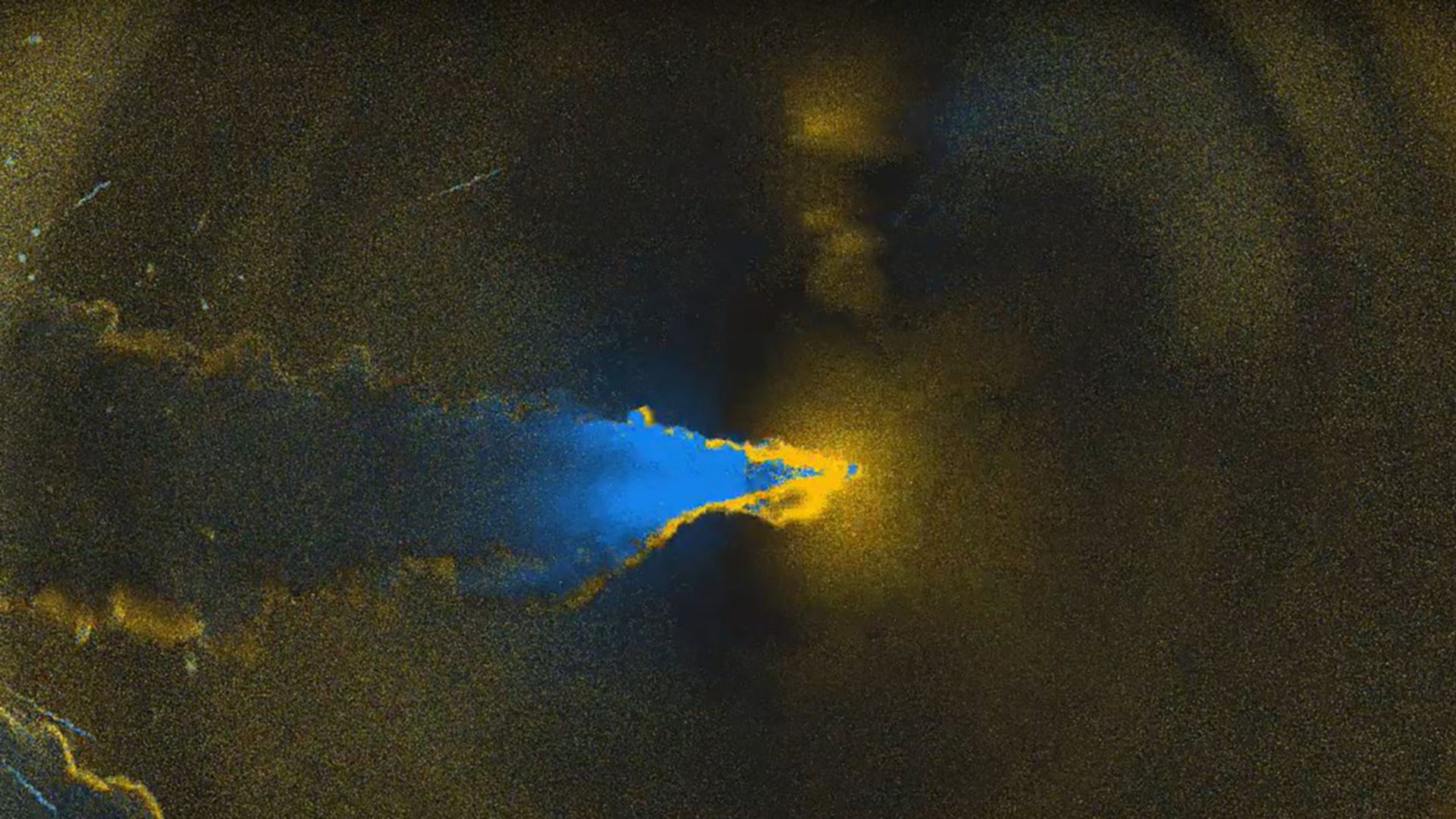 Yellow rings faded into darkness, with a blue cloud flowing left out of frame.