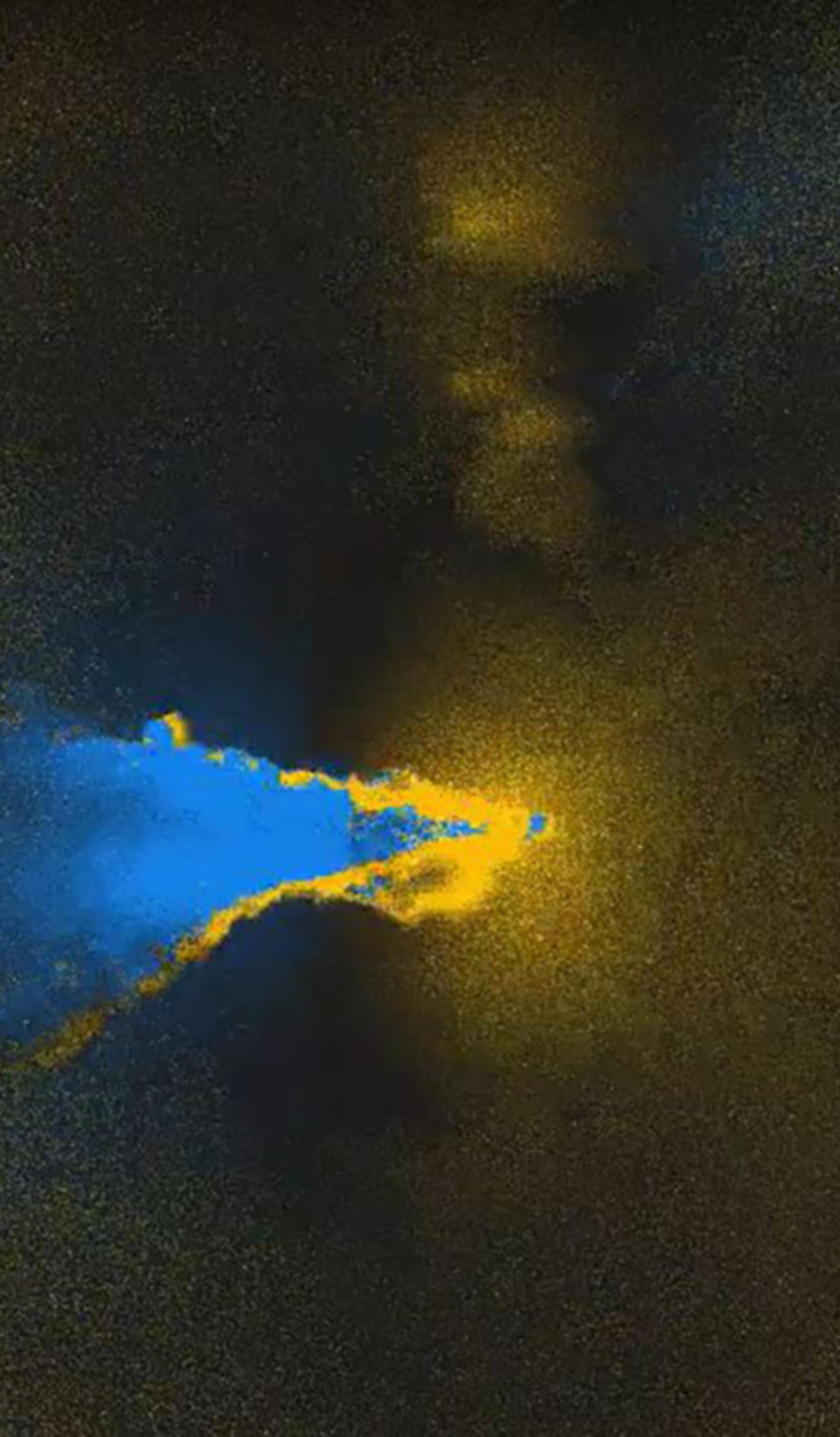 Yellow rings faded into darkness, with a blue cloud flowing left out of frame.