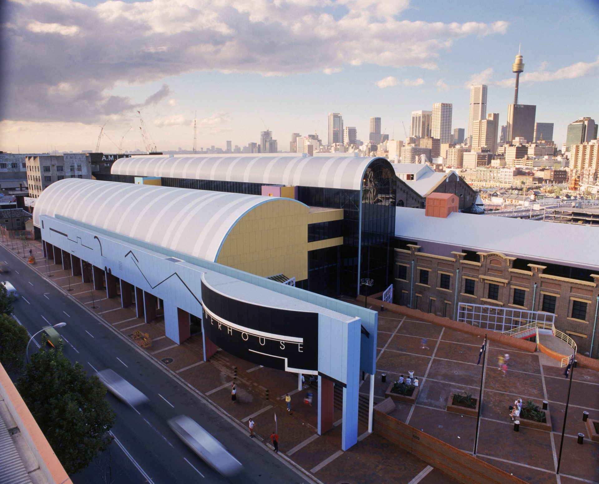 Powerhouse Museum, Stage 2 exterior from high angle, city skyline in background