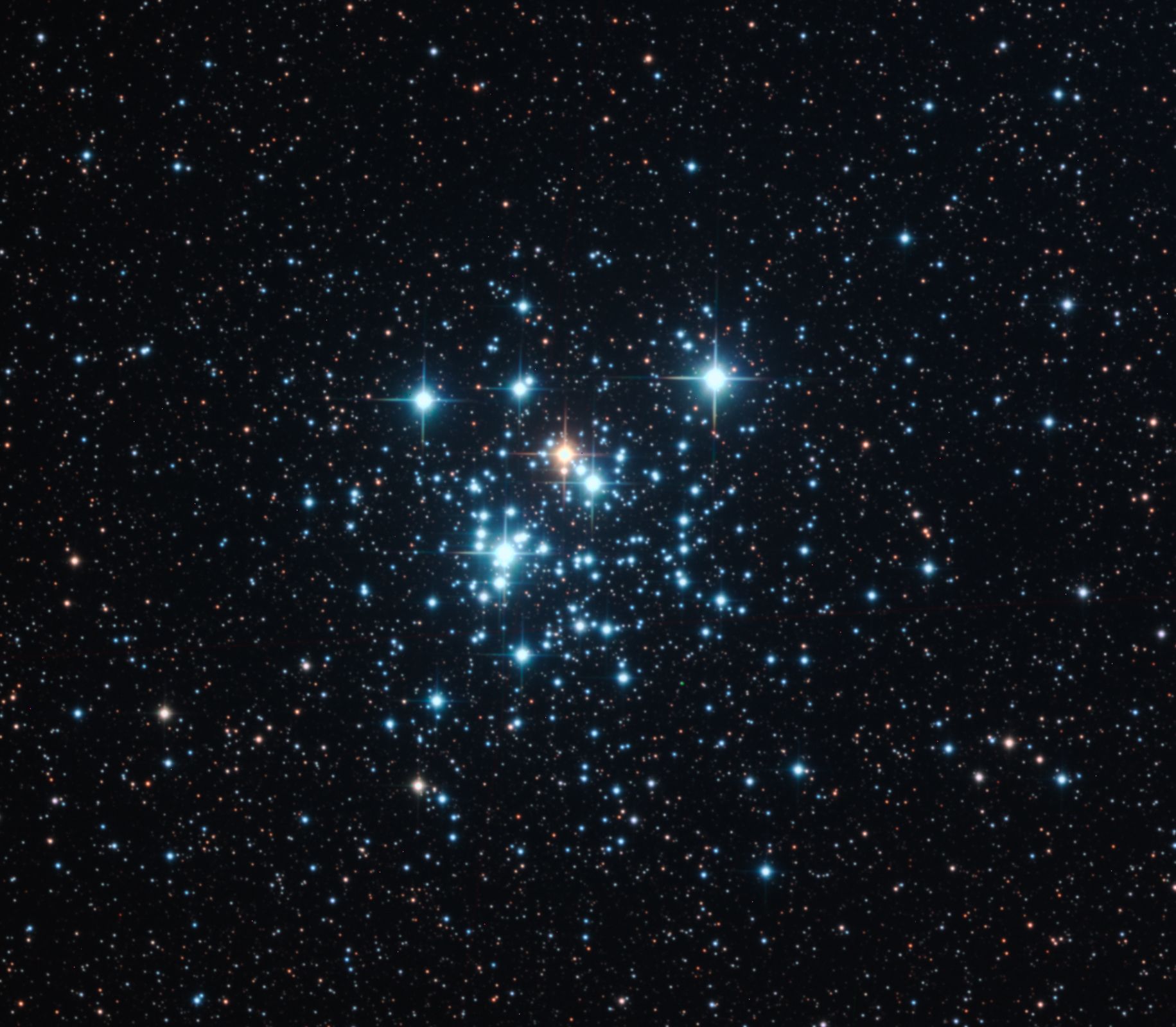 A telescopic image of a cluster of stars, known as The Jewel Box (NGC 4755). Against a dark space sky is the open cluster of stars, six shine brightest with one in the centre a golden colour, the rest a bright blue.