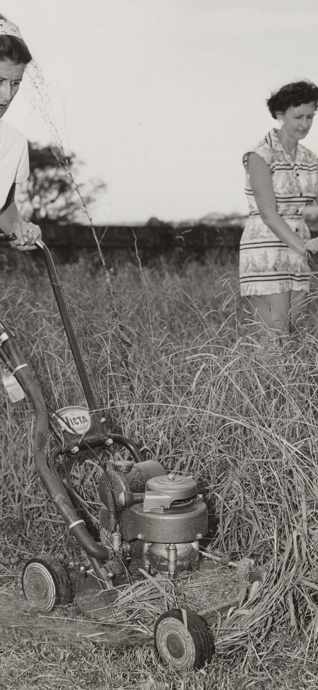 Two 1950s women mowing grass