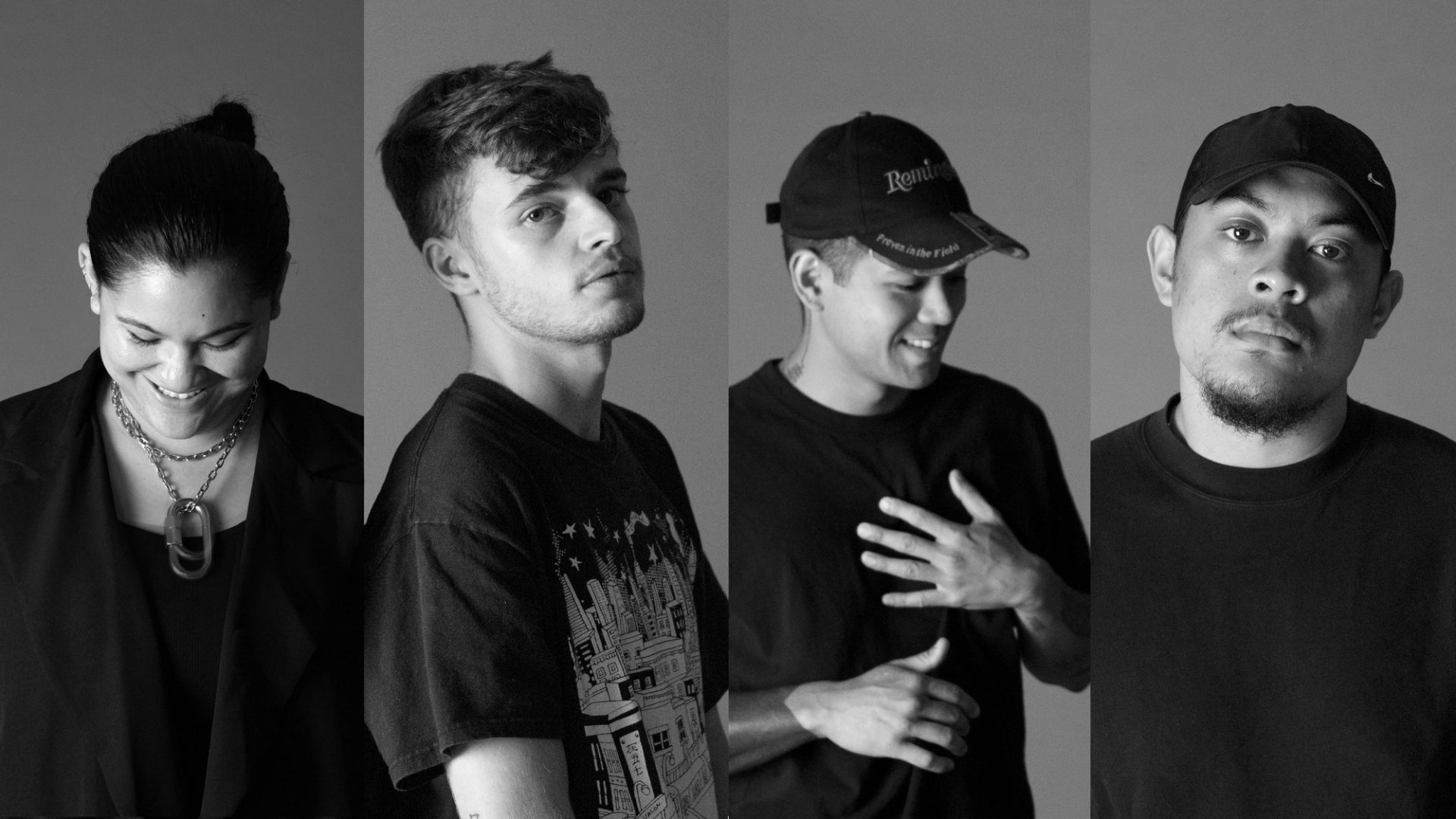 Four portrait images in a horizontal line