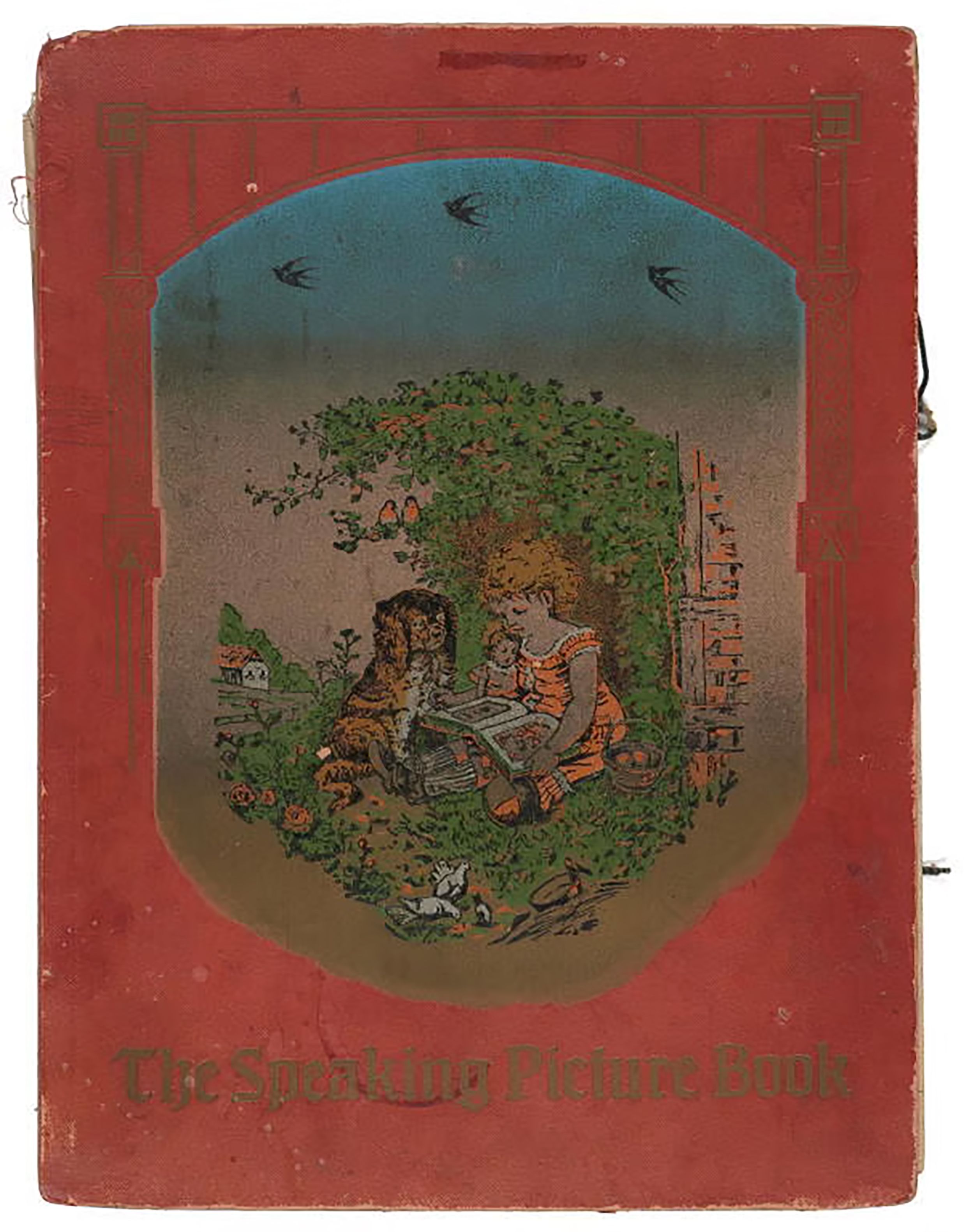 Dark red book with child reading.