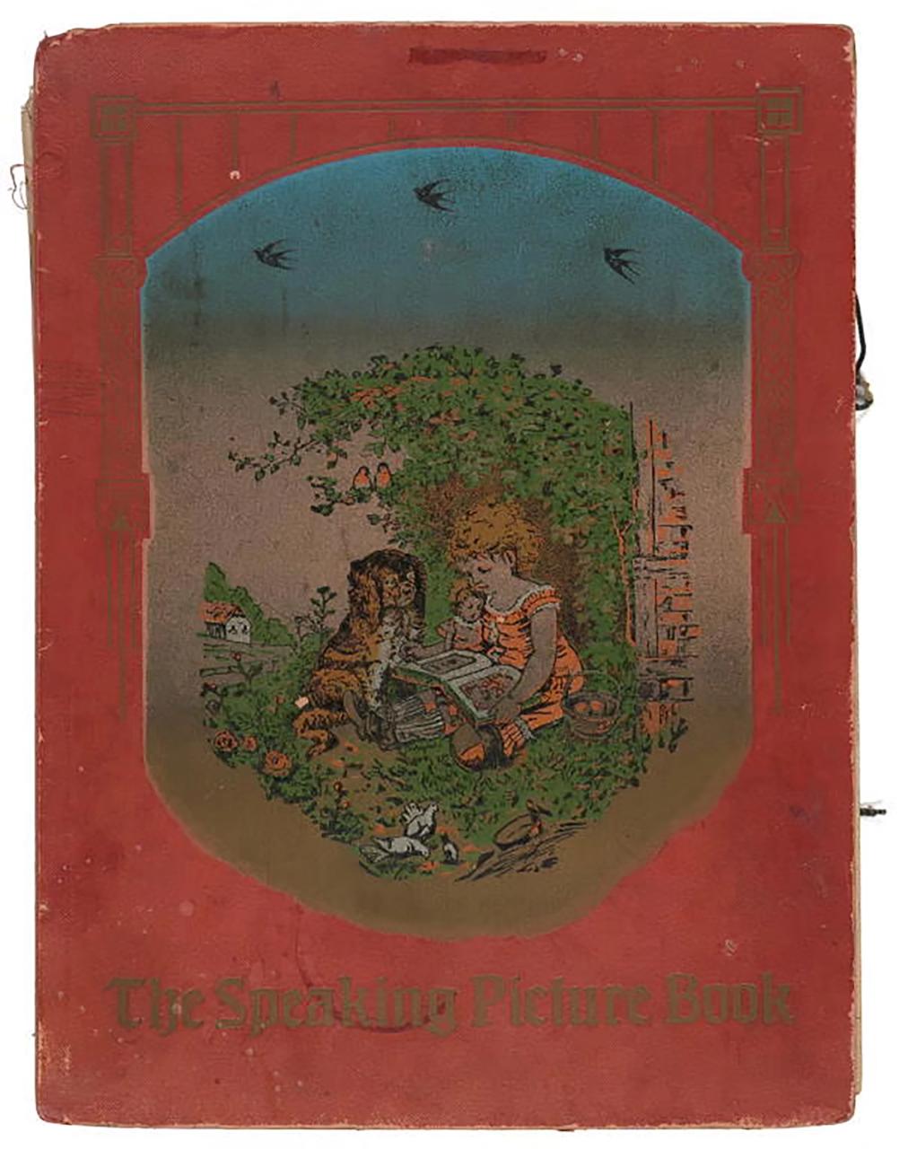 Dark red book with child reading.