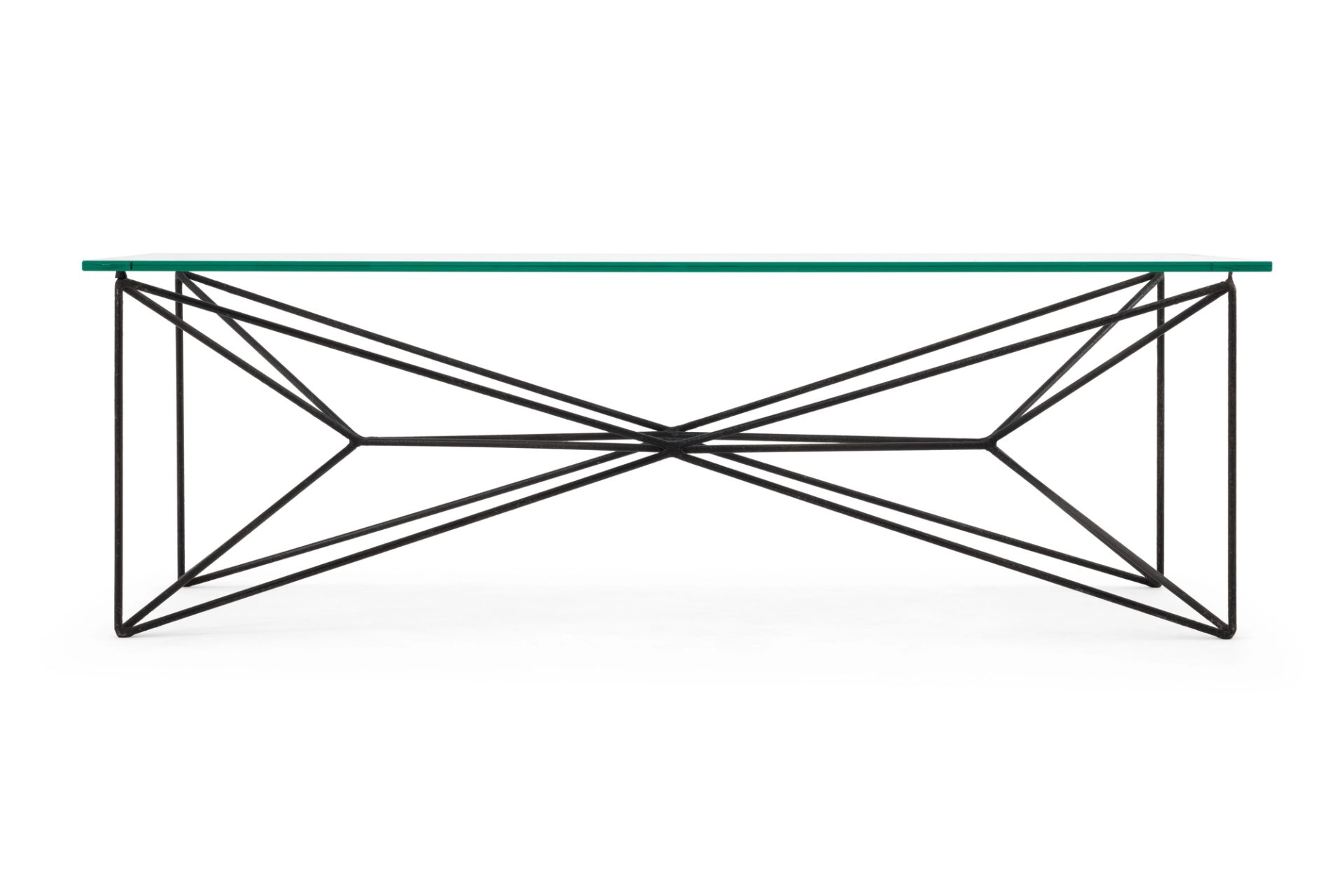 Coffee table with welded and bent steel rod and glass.