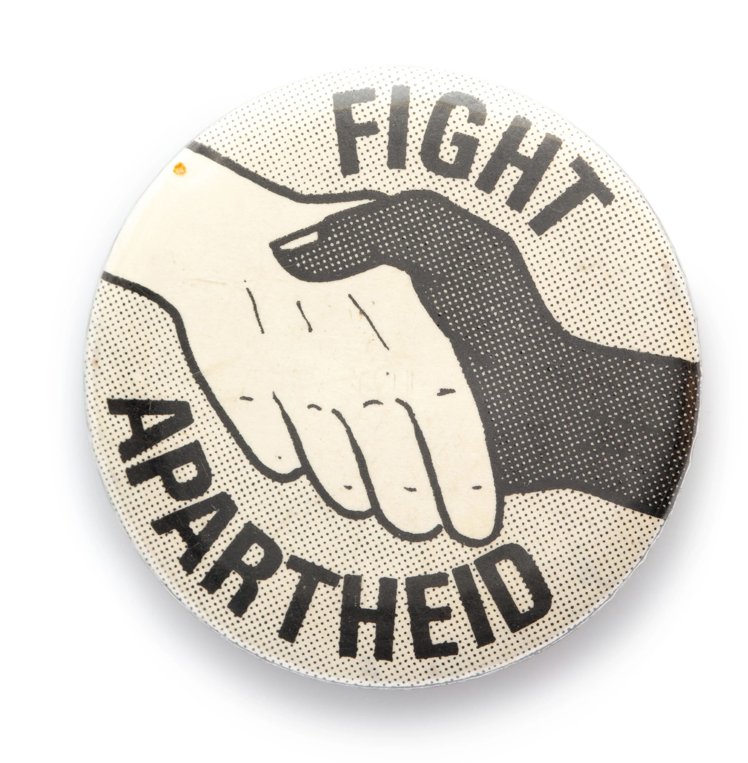 Badge, political, 'Fight Apartheid', metal / paper / plastic, A W Patrick, Australia, 1970-1978