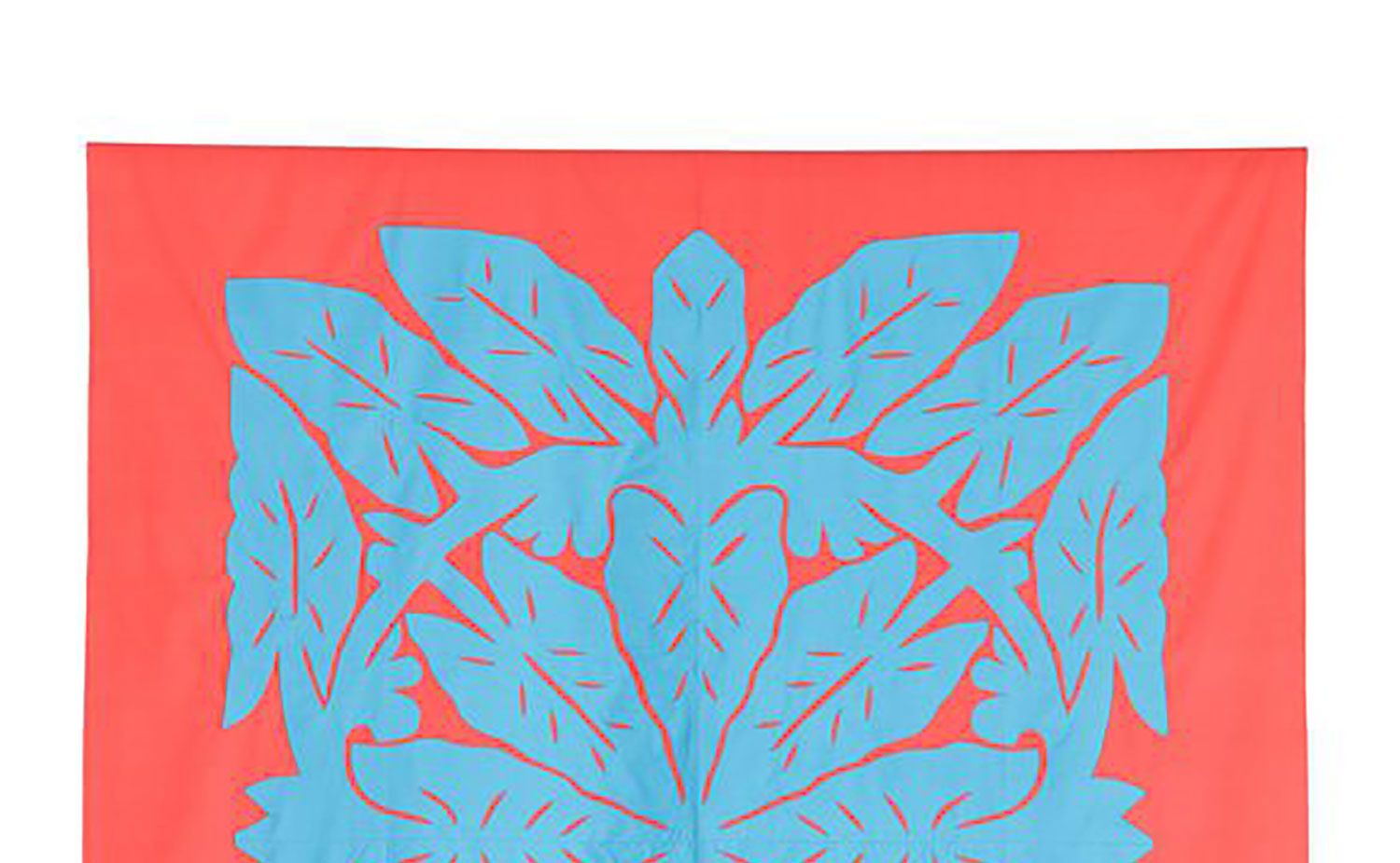 A large unlined, machine-hemmed piece of coral coloured cotton with machine-sewn blue cotton appliqué.