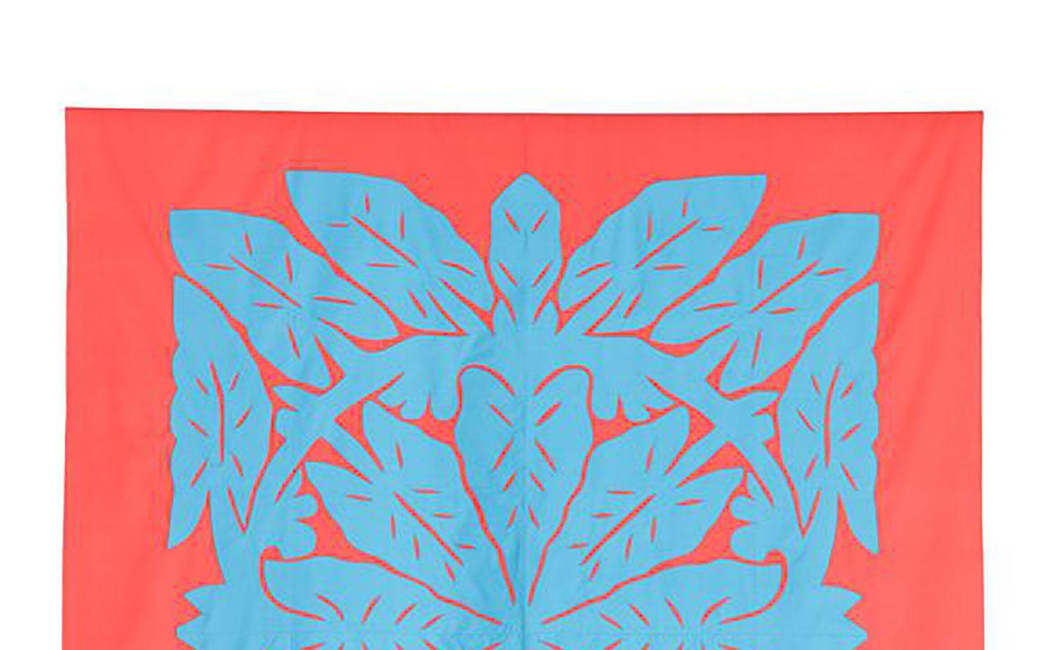 A large unlined, machine-hemmed piece of coral coloured cotton with machine-sewn blue cotton appliqué.