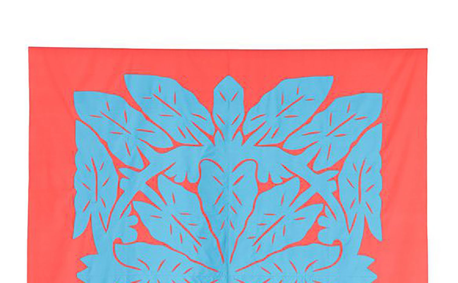 A large unlined, machine-hemmed piece of coral coloured cotton with machine-sewn blue cotton appliqué.