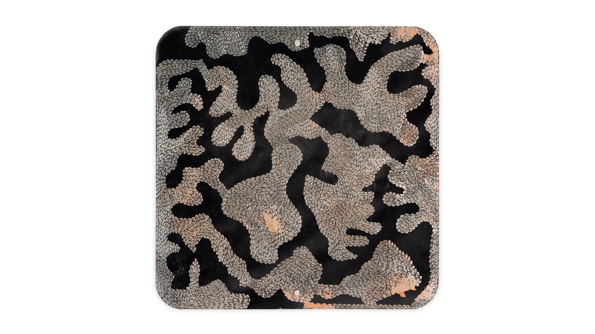 Etchings of opaque black abstract swirly paths and patterned dotted paths using dremel onto a found aluminium road sign.