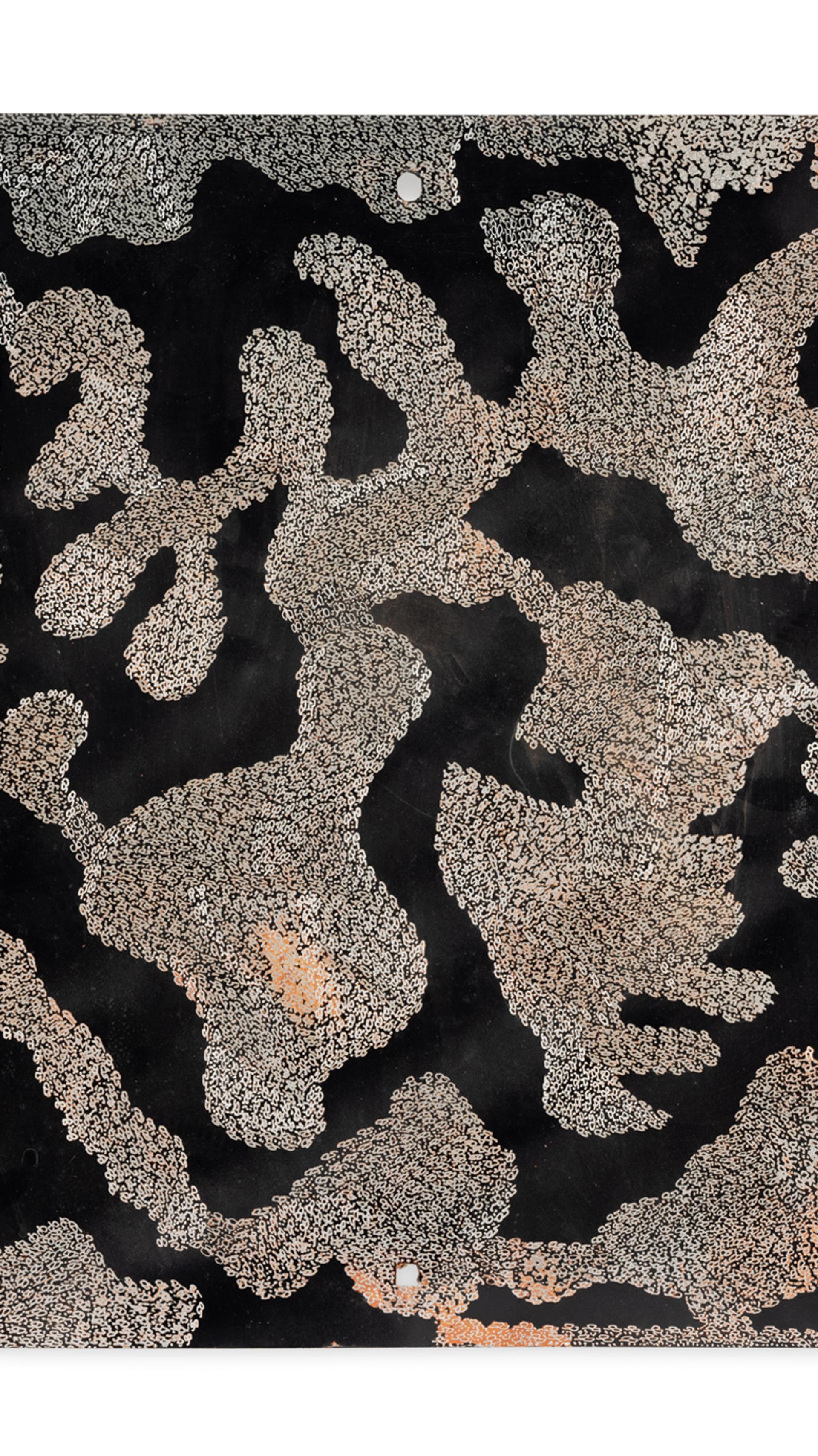 Etchings of opaque black abstract swirly paths and patterned dotted paths using dremel onto a found aluminium road sign.