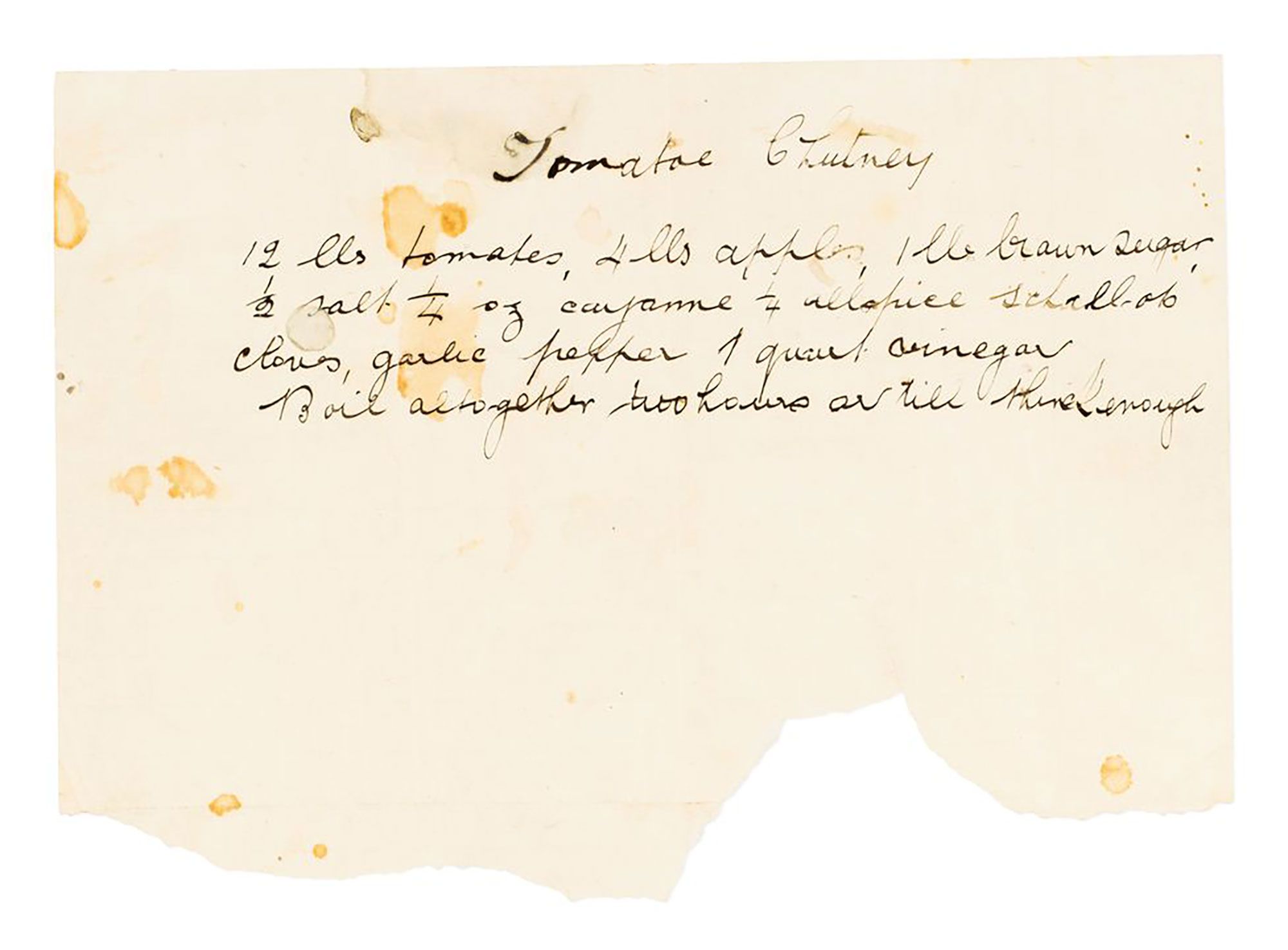 Handwritten recipe in cursive for 'Tomato Chutney'. Includes a pin and 2x pieces of paper additional to recipe.