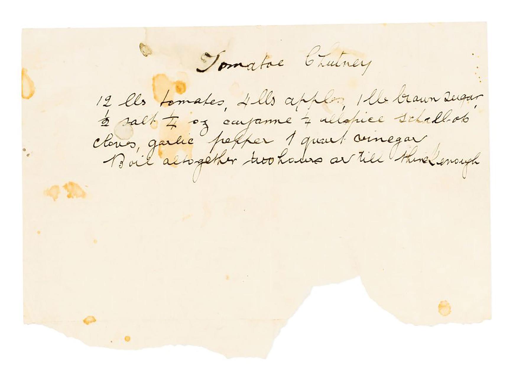 Handwritten recipe in cursive for 'Tomato Chutney'. Includes a pin and 2x pieces of paper additional to recipe.