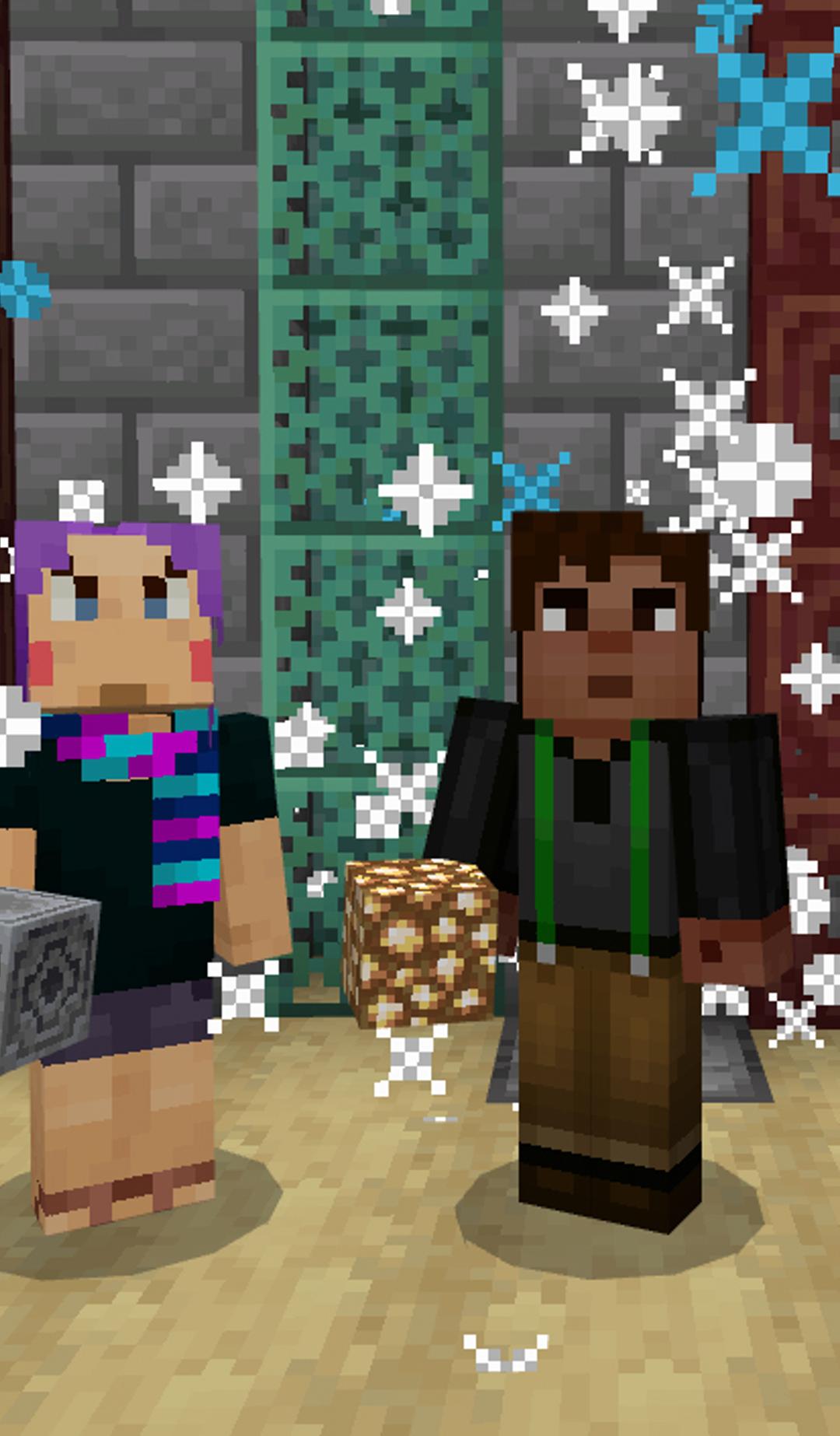Two Minecraft characters stand in front of a green and grey brick wall with wooden trapdoors, as blue and white fireworks explode around them.