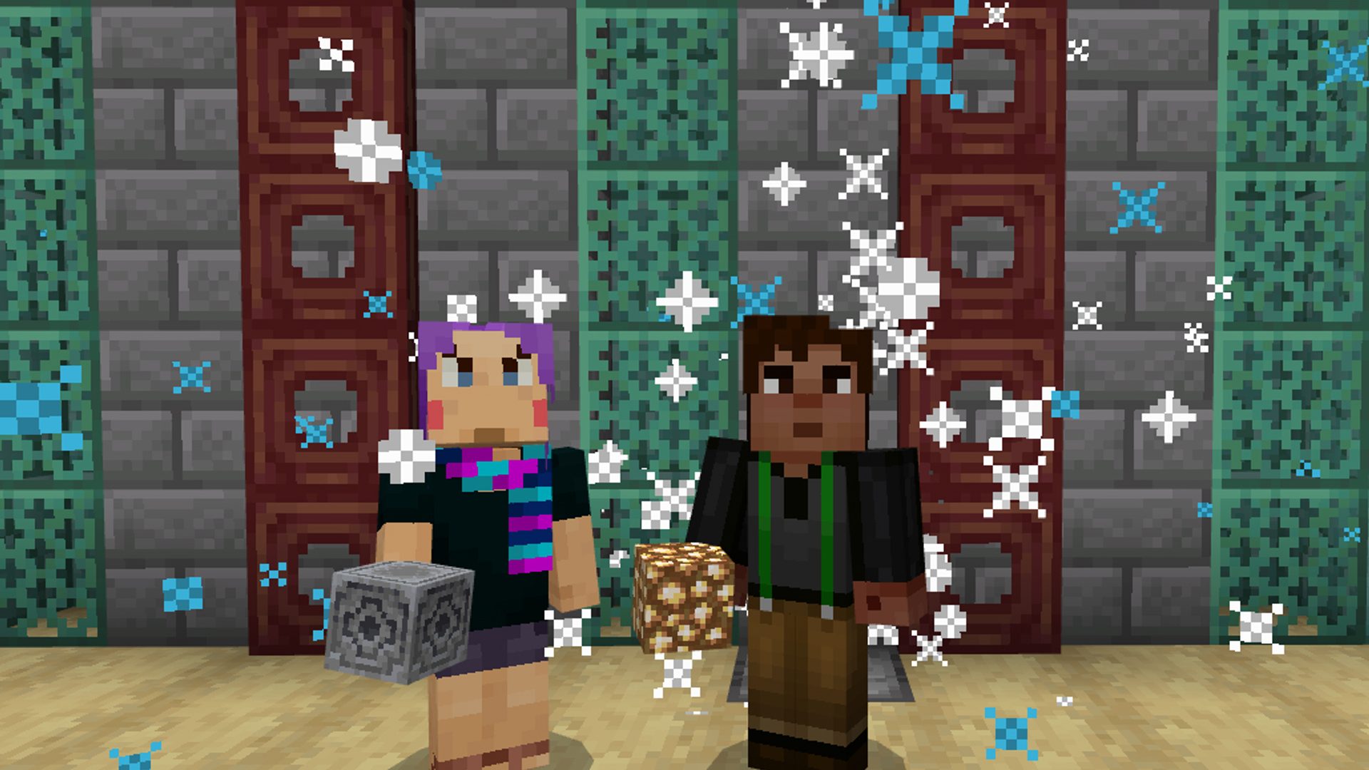 Two Minecraft characters stand in front of a green and grey brick wall with wooden trapdoors, as blue and white fireworks explode around them.