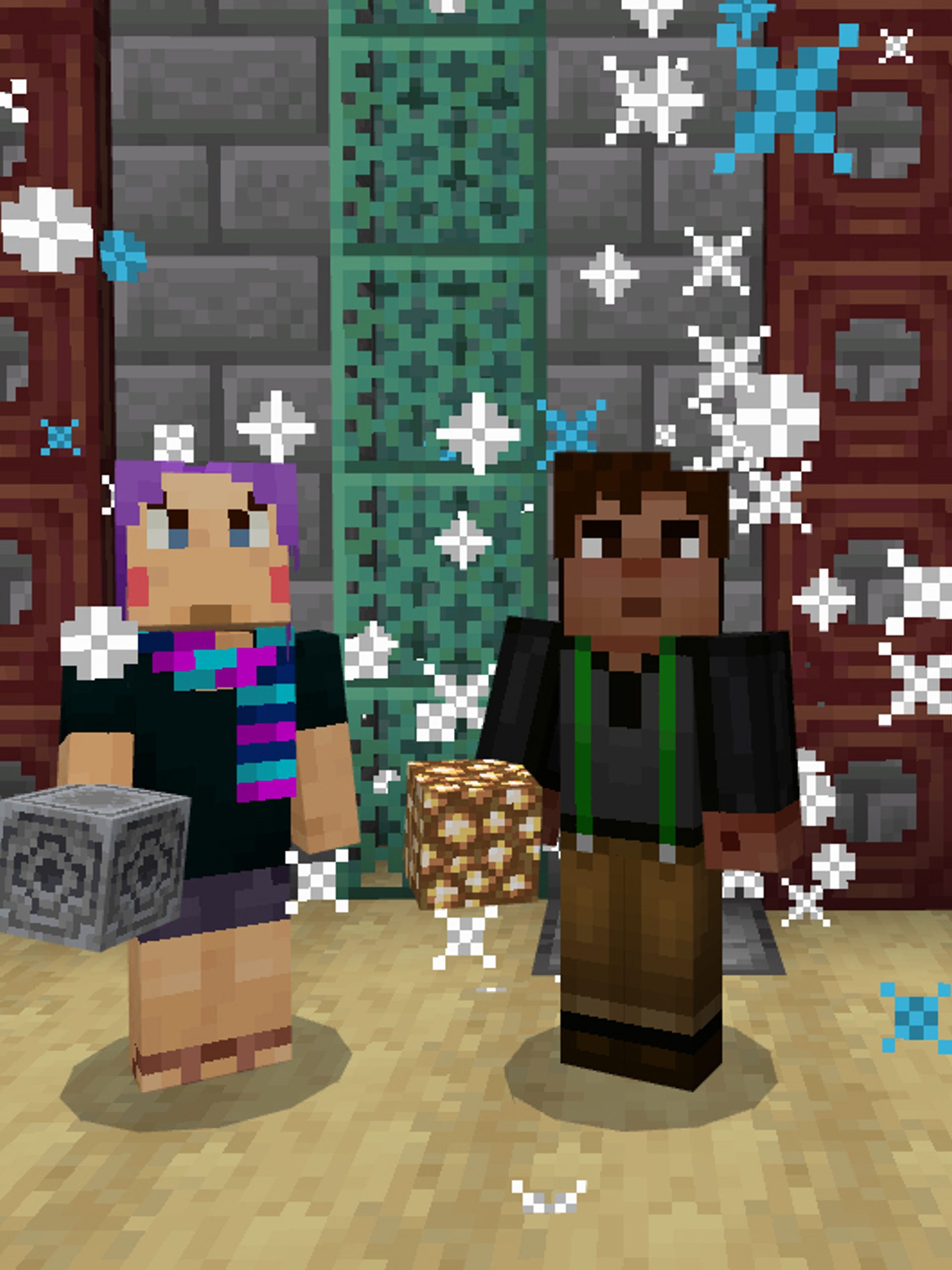 Two Minecraft characters stand in front of a green and grey brick wall with wooden trapdoors, as blue and white fireworks explode around them.