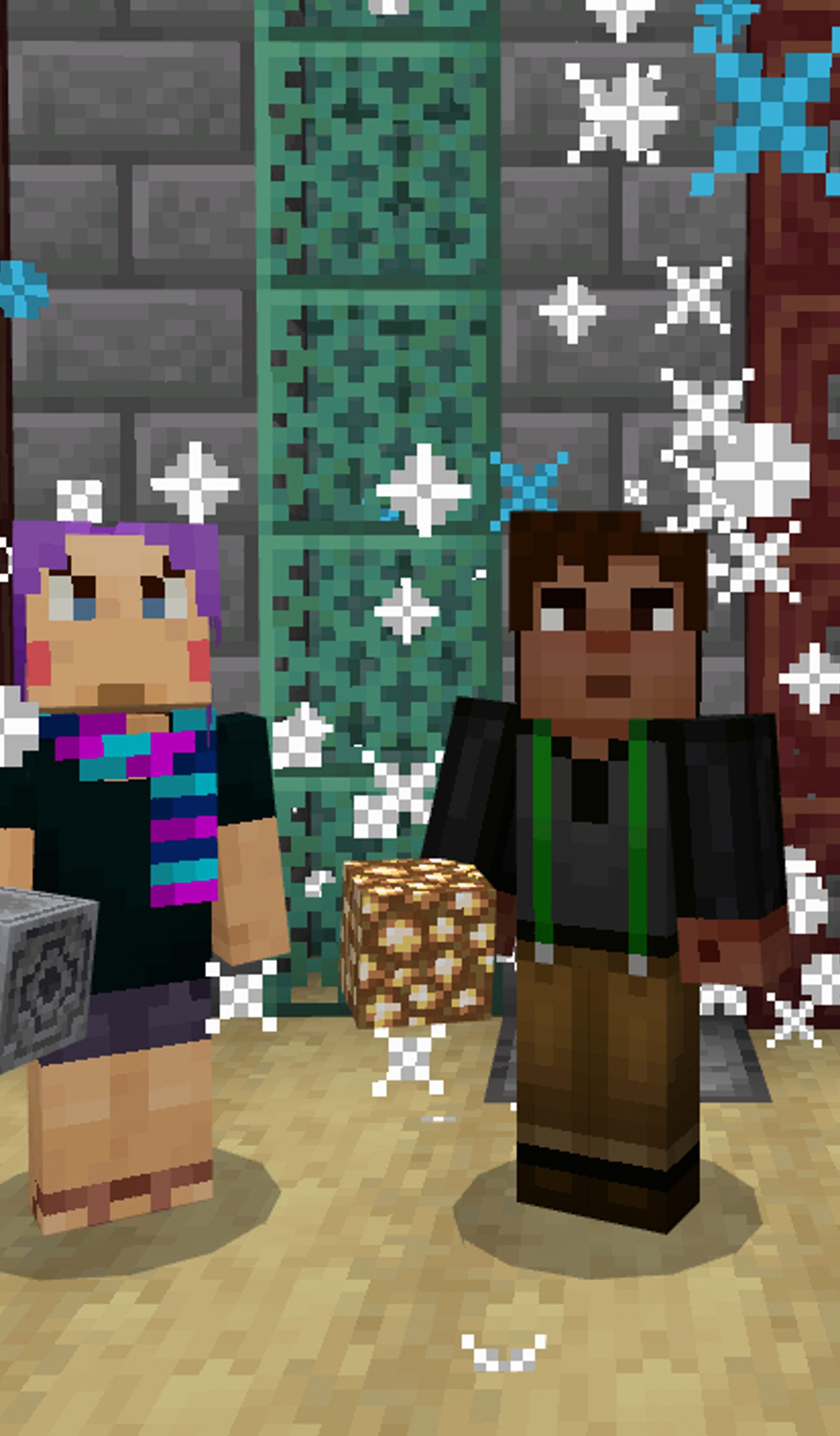 Two Minecraft characters stand in front of a green and grey brick wall with wooden trapdoors, as blue and white fireworks explode around them.