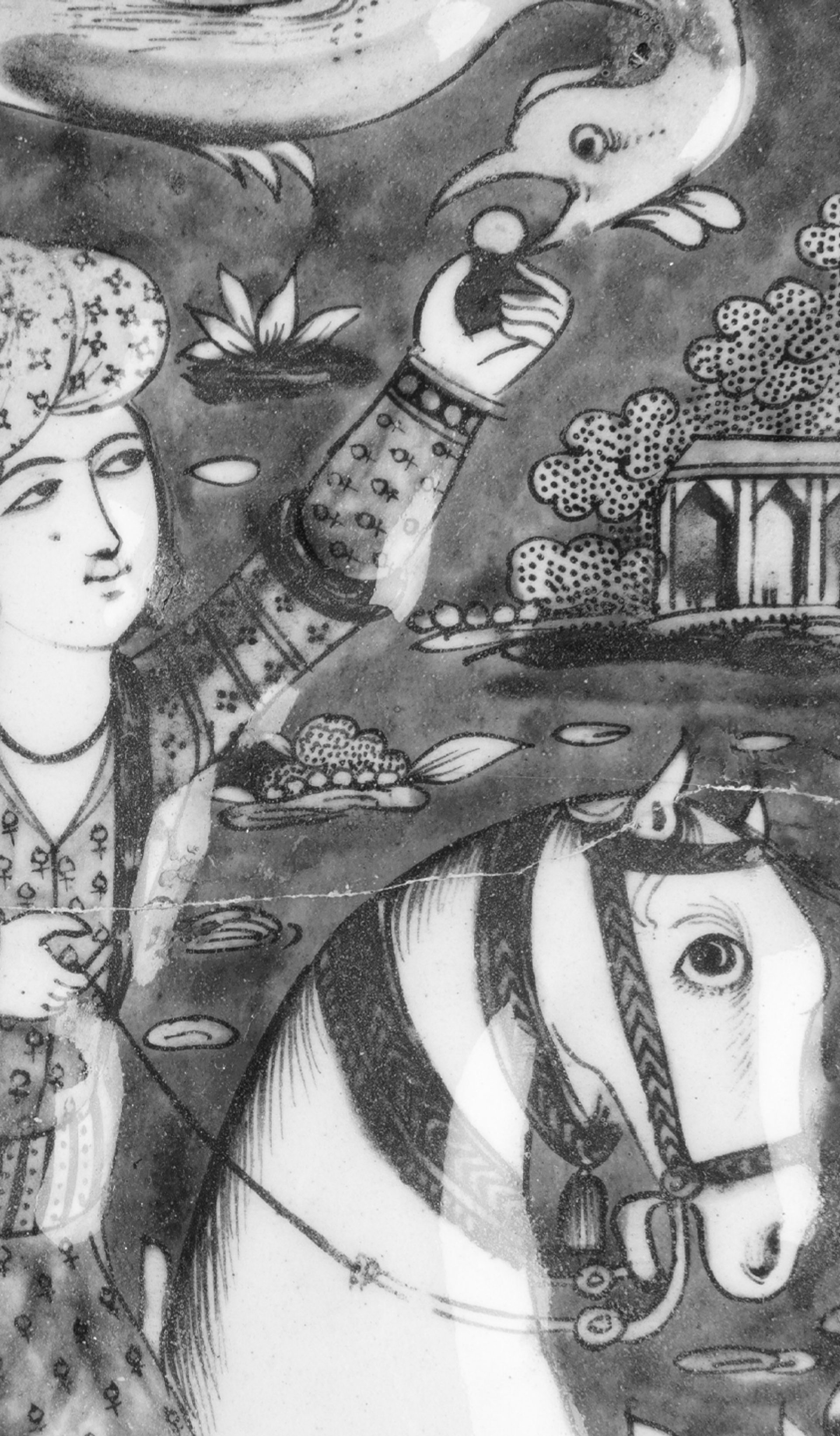 A rectangular glazed tile is painted in cobalt-blue, turquoise, manganese and pink with a black outline on a white ground and was made for the decoration of the wall of an internal reception hall, the external wall of a castle or the house of an aristocratic Qajar family.