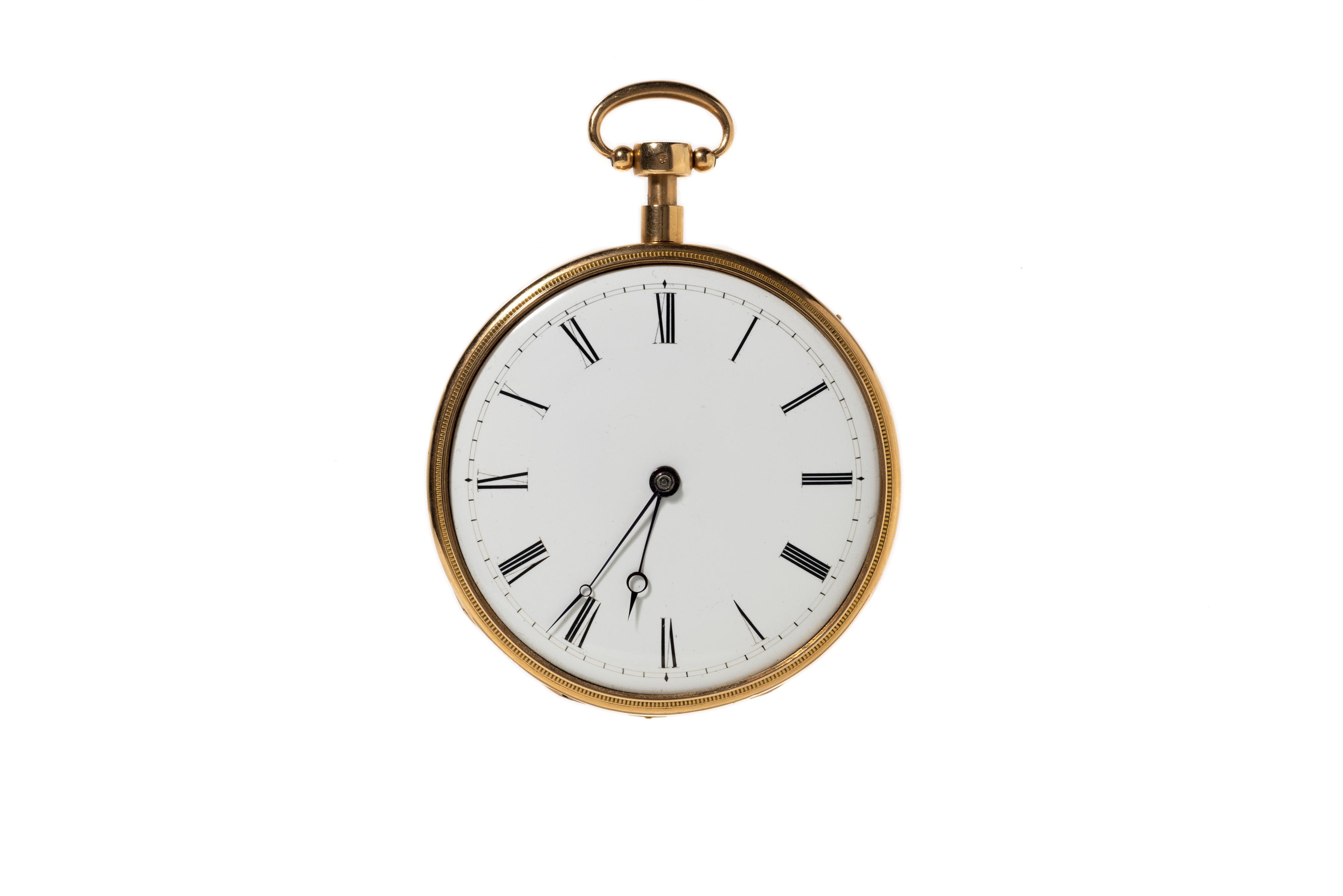 A rose gold pocket watch with a Roman numeral face on a white background
