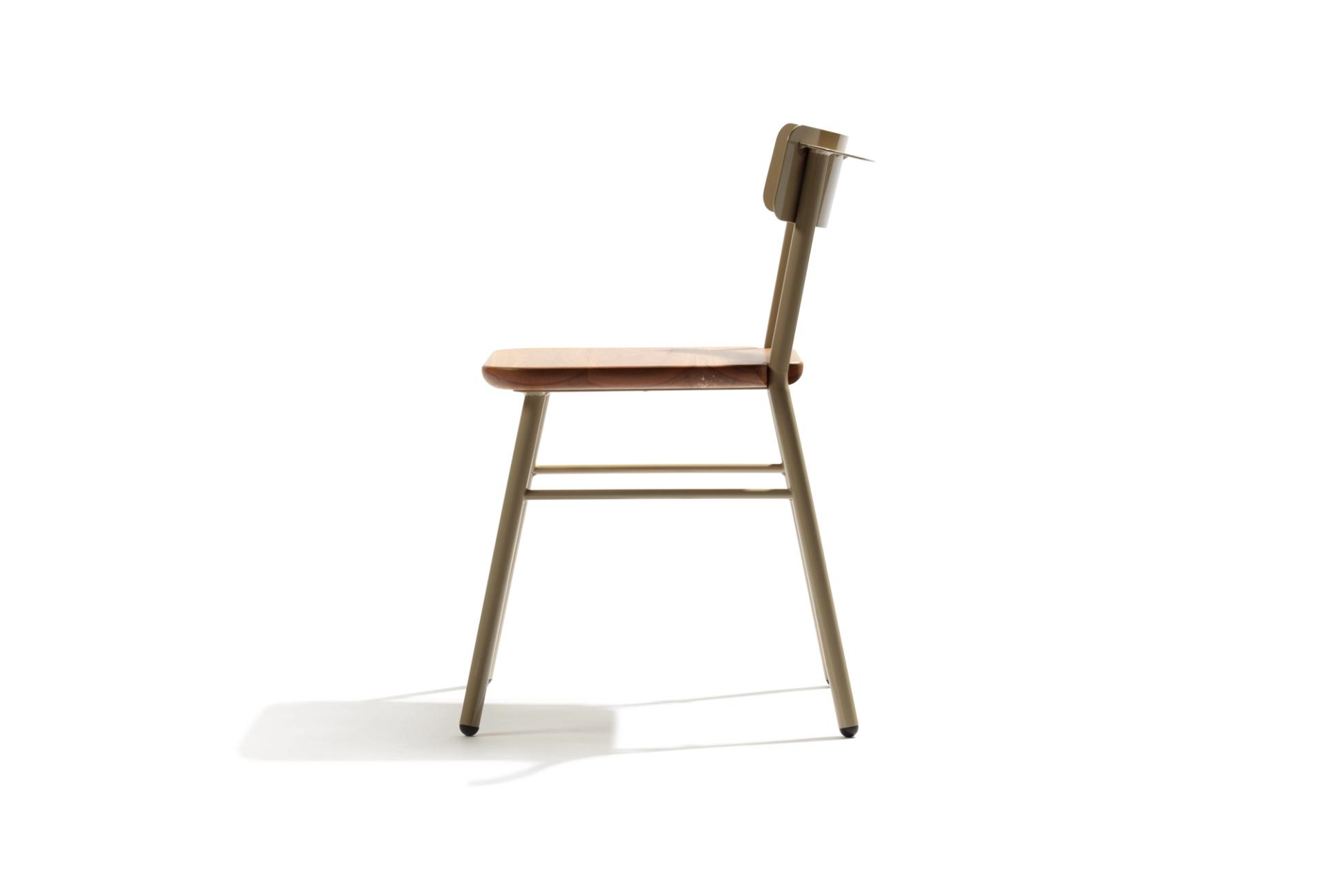 Side preview of a wooden and steel framed chair.