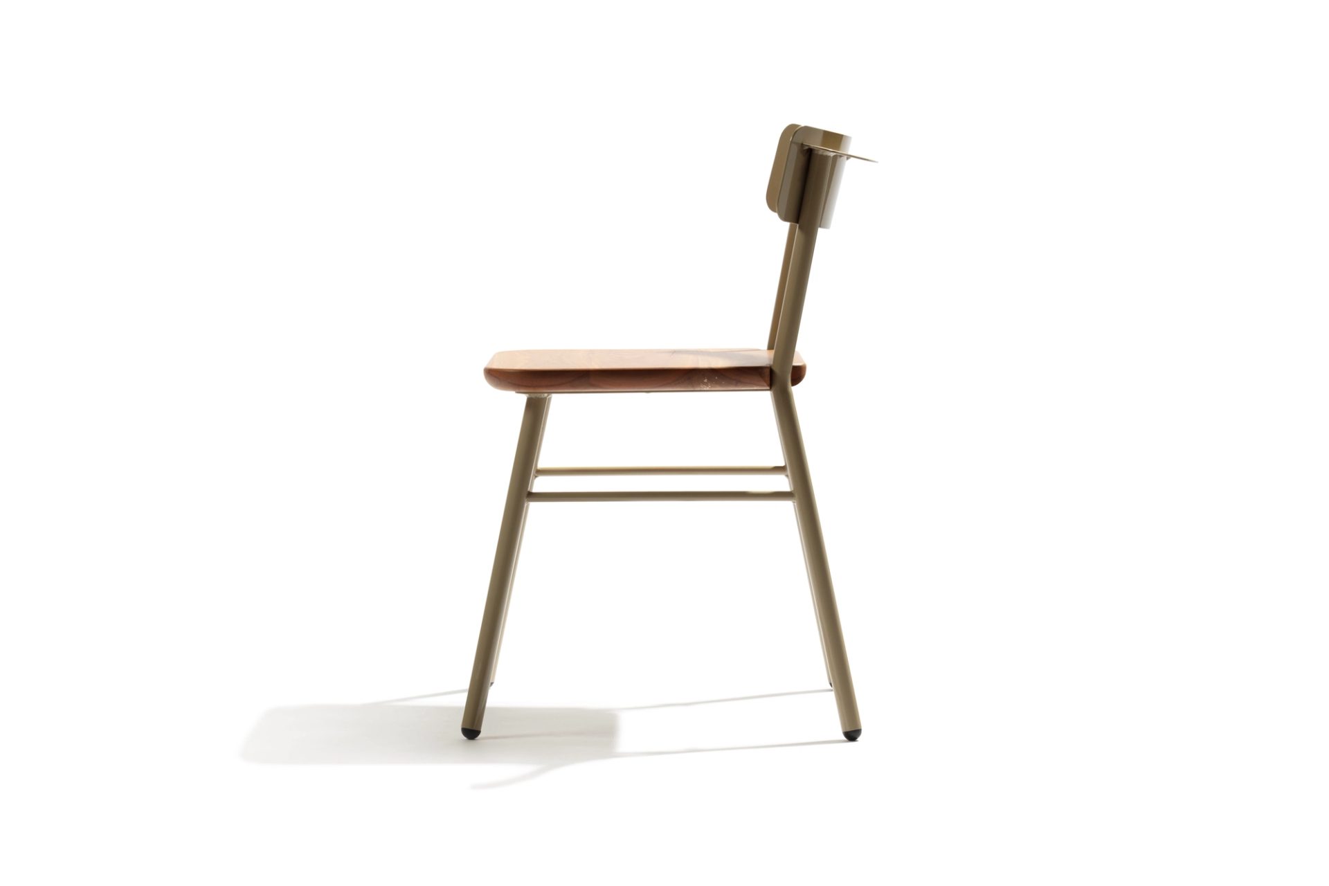 Side preview of a wooden and steel framed chair.