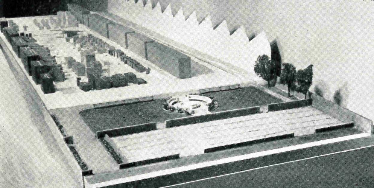 Black and white photograph of architectural model