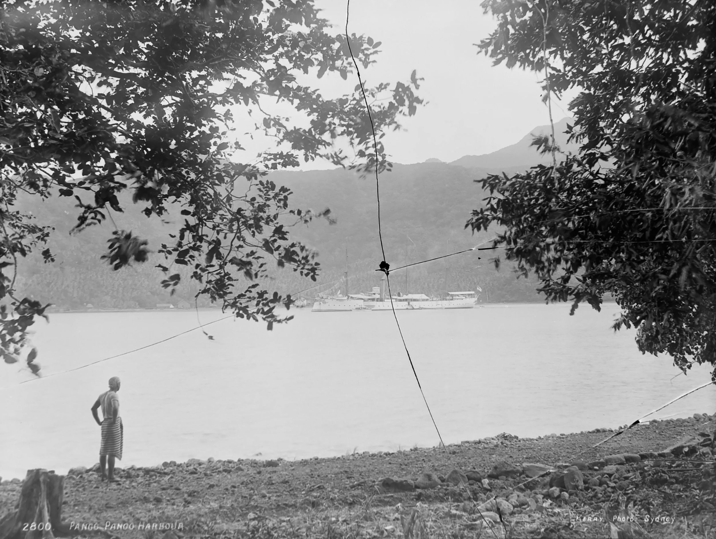 Man stands on beach with ships in background.