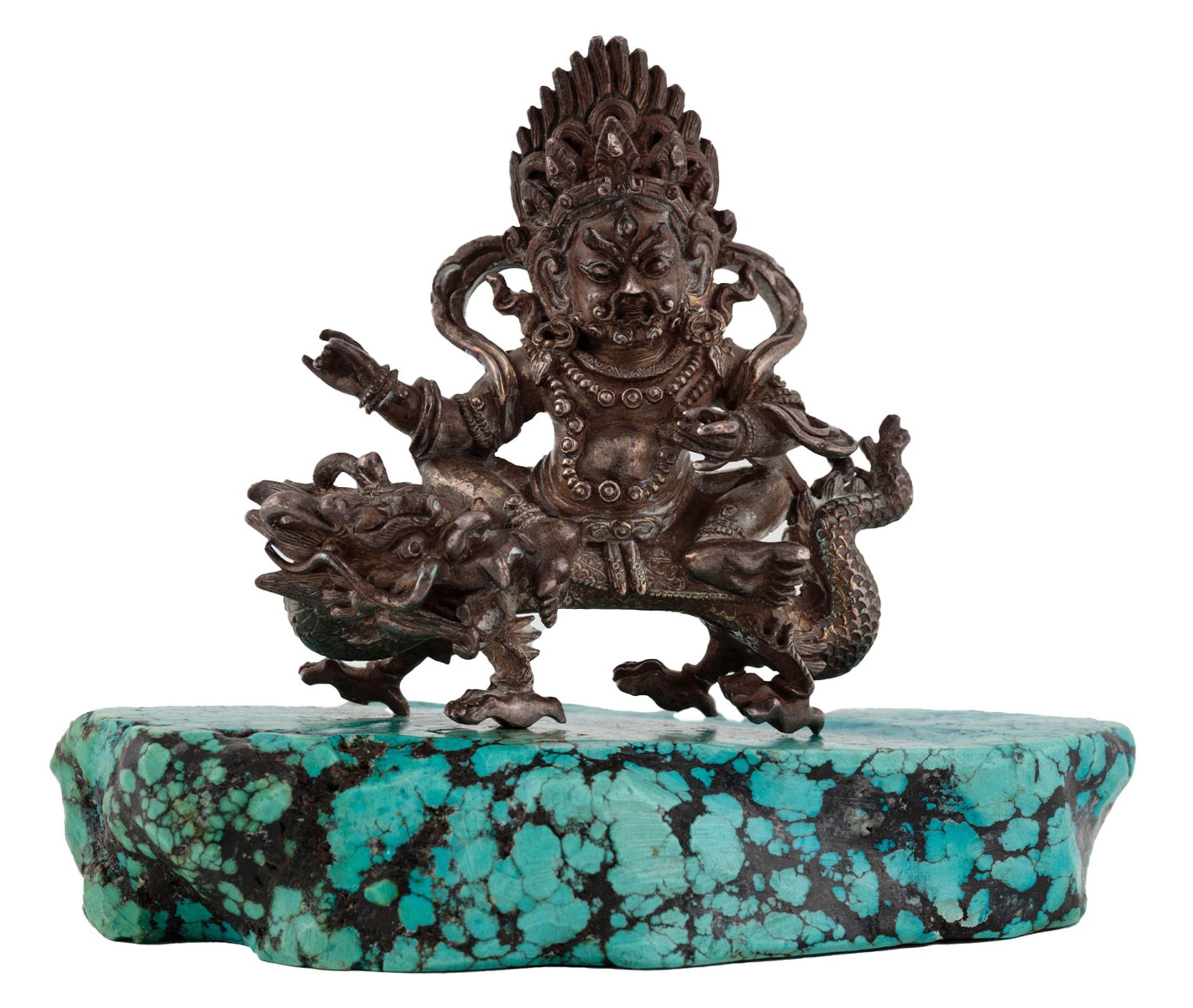 Figure, of Kubera (Jambhala/Vaisravana) on a dragon, silver / turquoise, Tibet / China, 1700s
