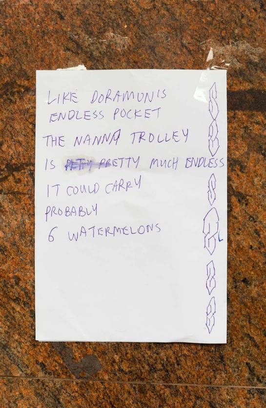 Note reading “LIKE DORAMUNIS ENDLESS POCKET THE NANNA TROLLEY IS PRETTY MUCH ENDLESS IT COULD CARRY PROBABLY 6 WATERMELONS”