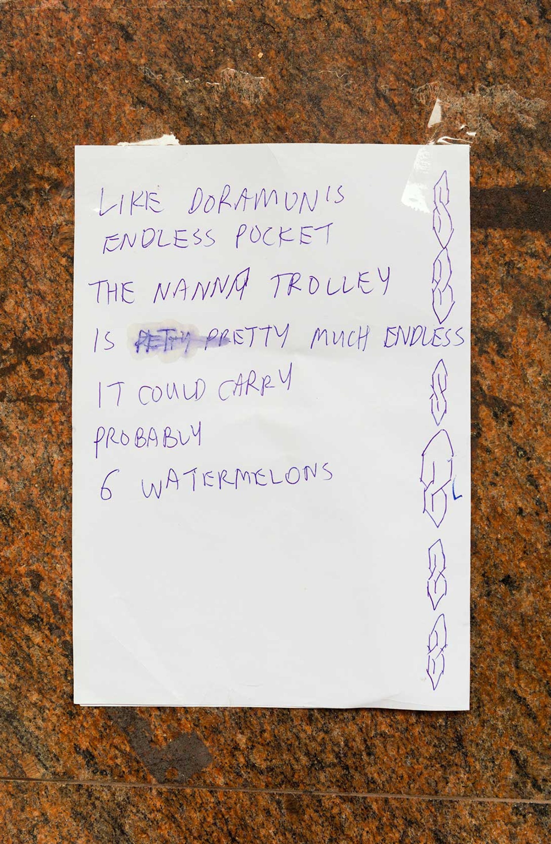 Note reading “LIKE DORAMUNIS ENDLESS POCKET THE NANNA TROLLEY IS PRETTY MUCH ENDLESS IT COULD CARRY PROBABLY 6 WATERMELONS”