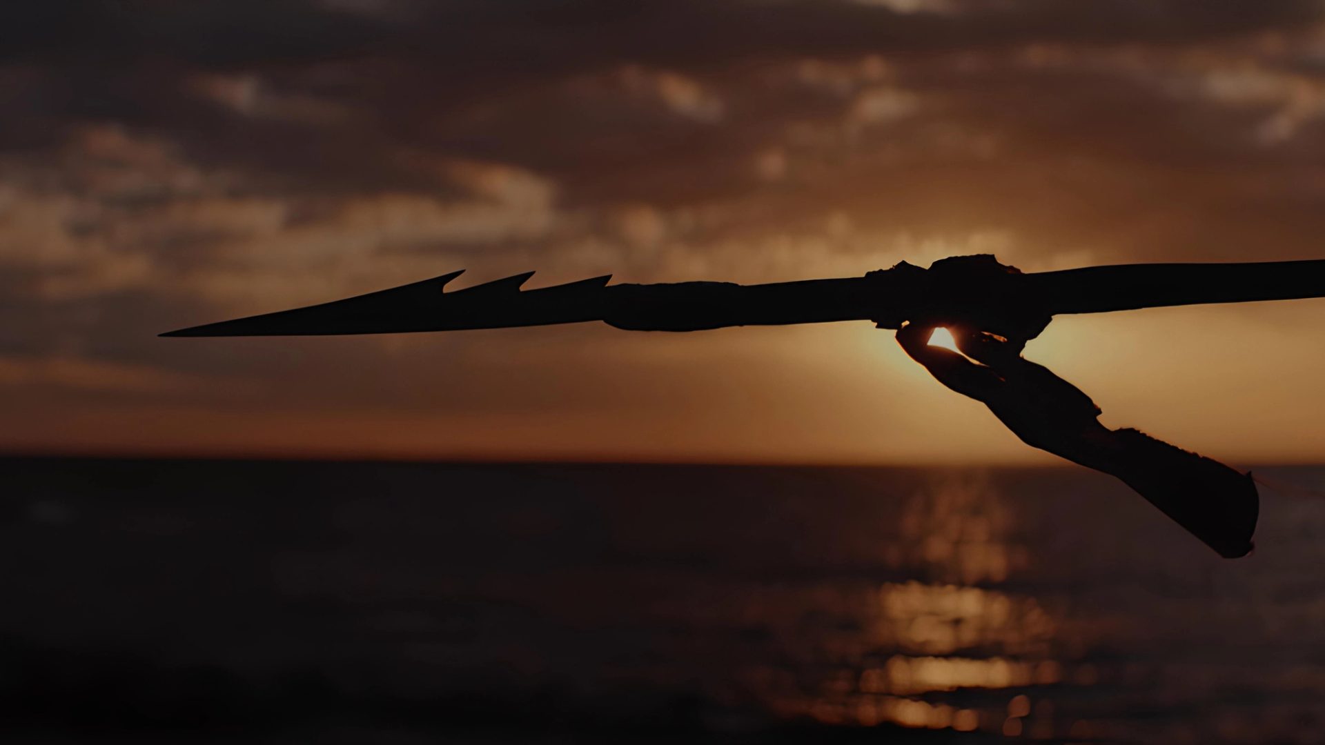 Silhouette of a barbed arrow in front of a sunset over the ocean.