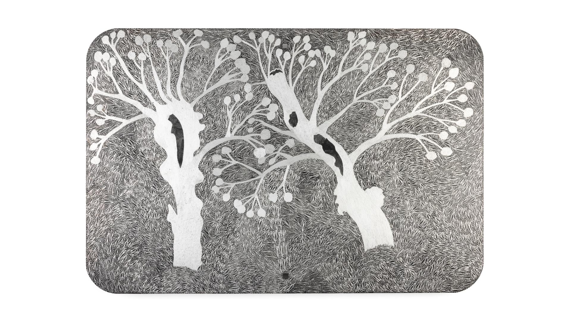 Two trees, both with hollow areas on trunks, etched with dremel onto a found aluminium road sign. Stylised mullet fish are etched in the background.