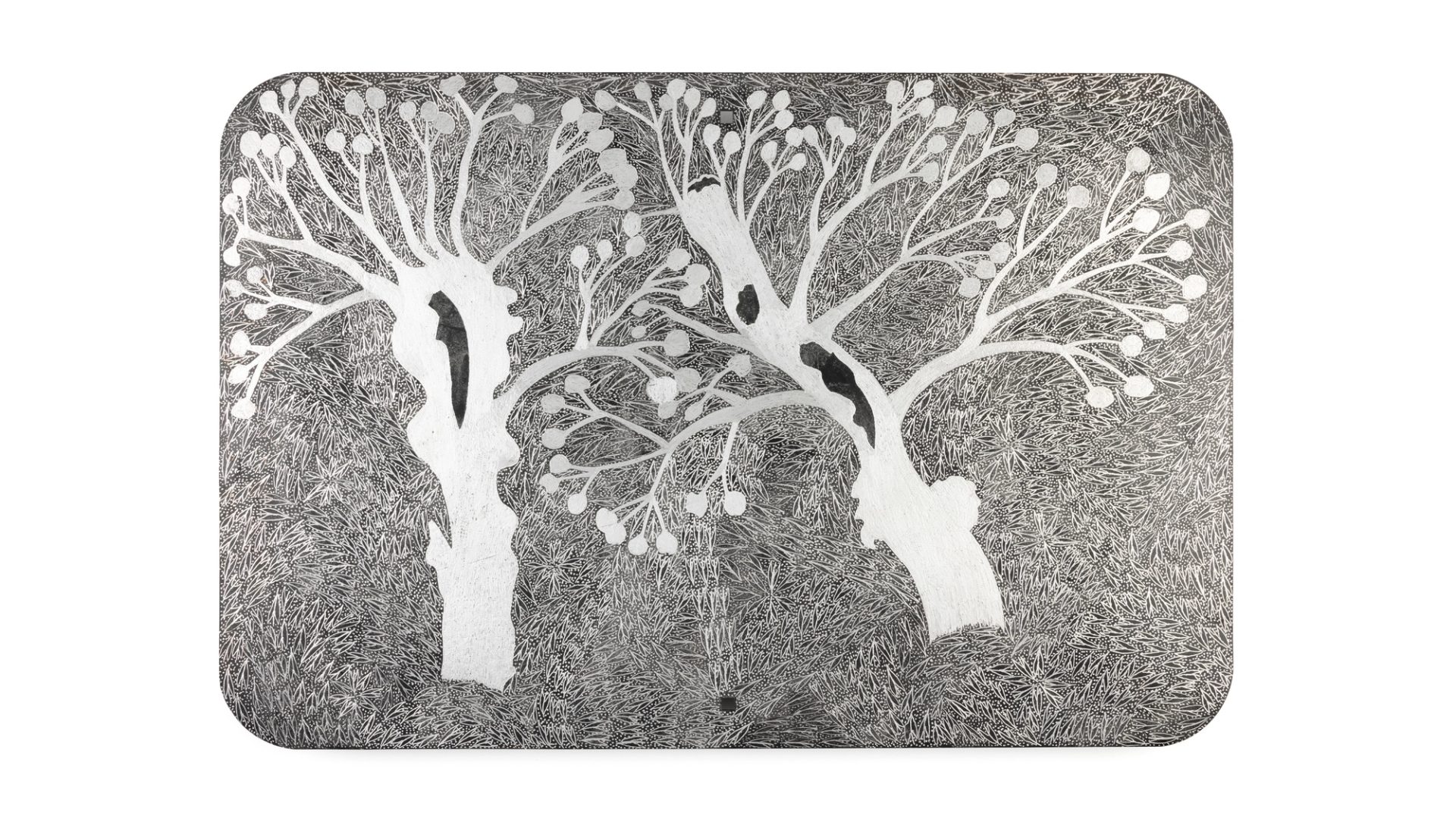 Two trees, both with hollow areas on trunks, etched with dremel onto a found aluminium road sign. Stylised mullet fish are etched in the background.