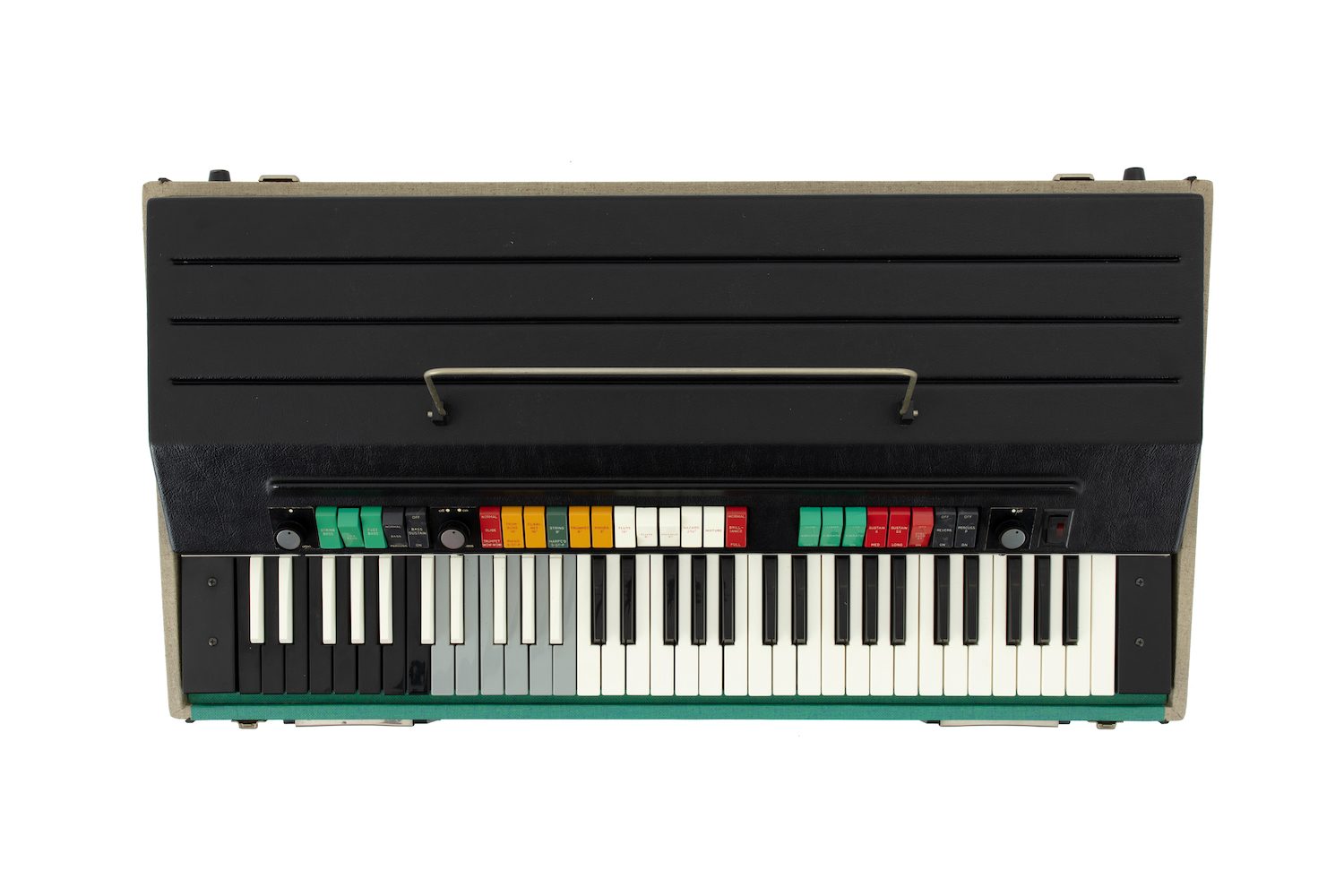 Electric organ with black exterior and white, grey, black, green, red and orange keys.