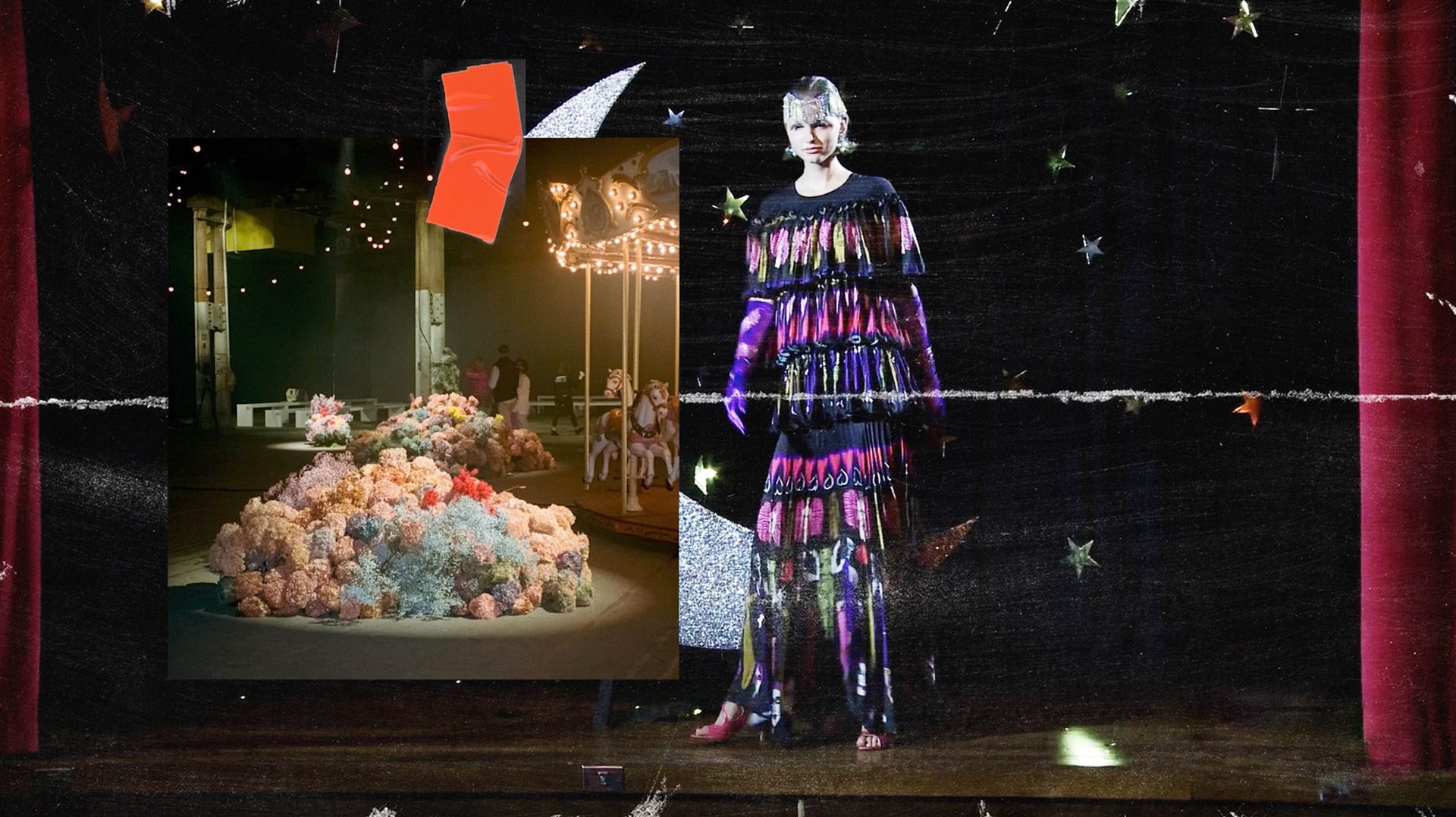 A model stands on the runway during the Australian Fashion Week 2022 Romance Was Born runway show. They wear a colourful floor length dress.
