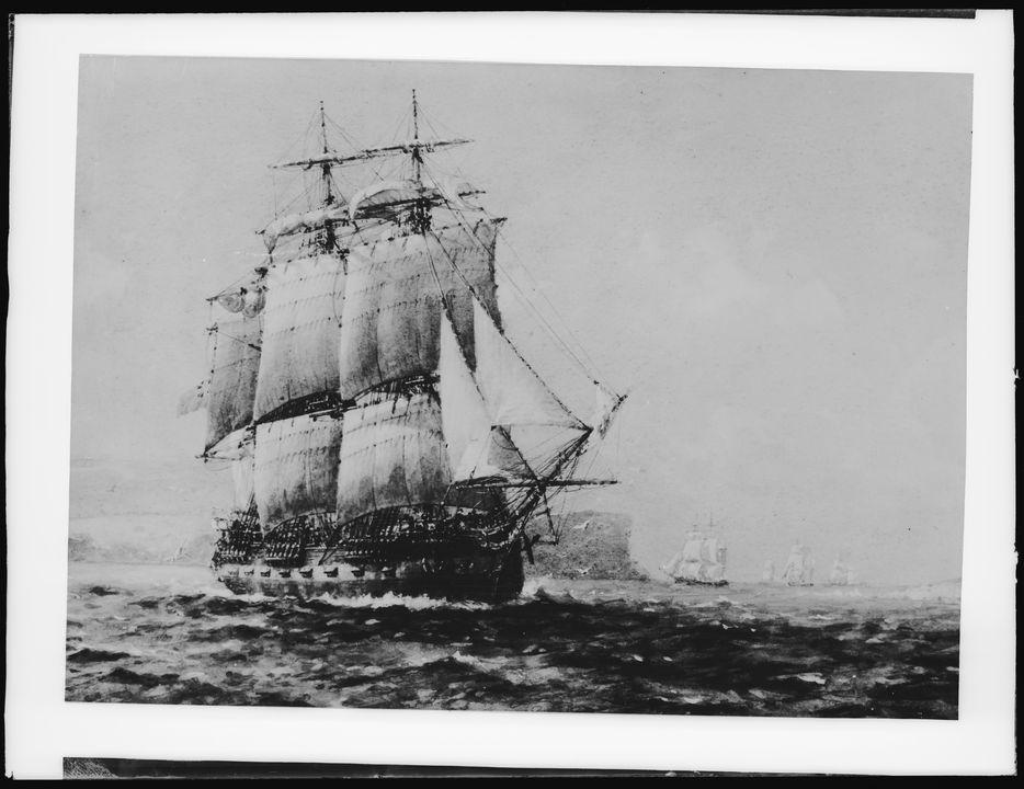 Silver gelatin dry plate glass negative of the Sirius (tall ship) in landscape format.