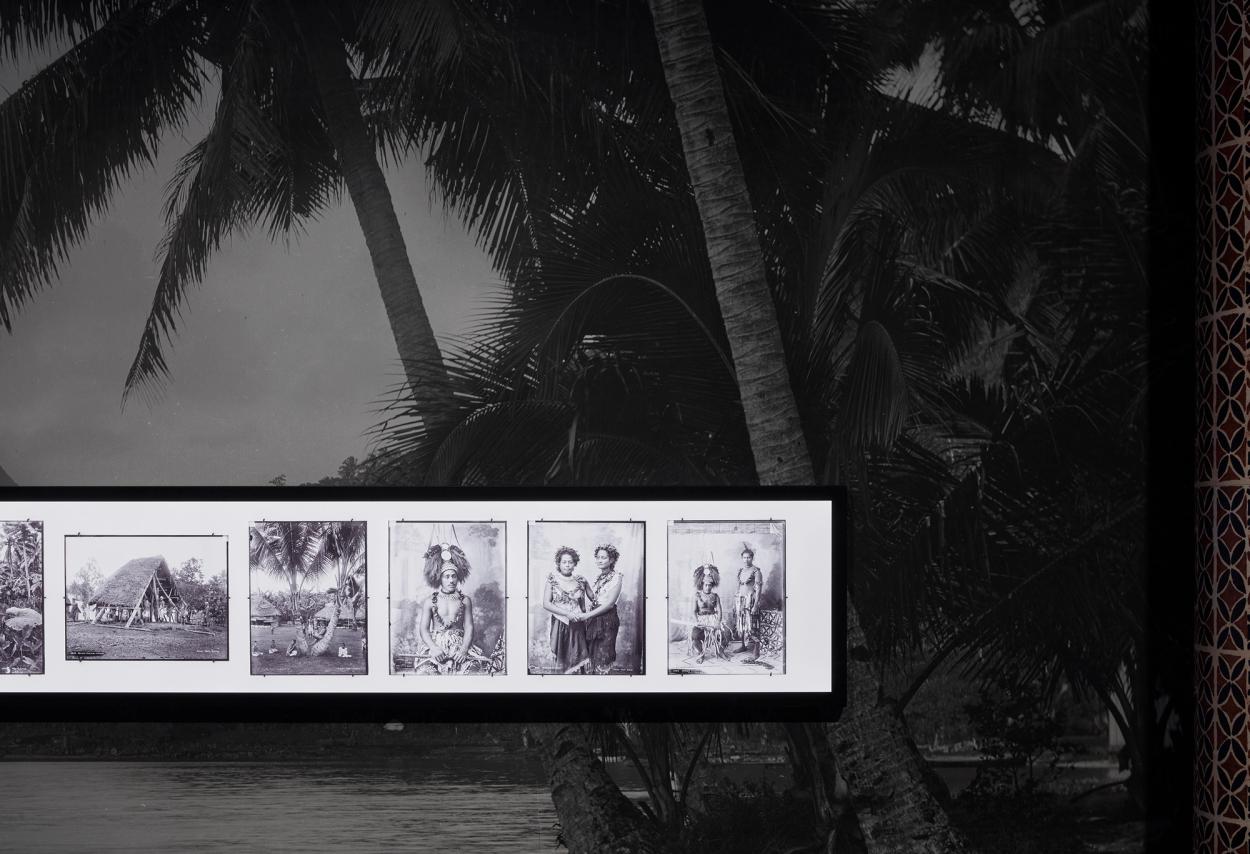 Black and white photos on display in exhibition