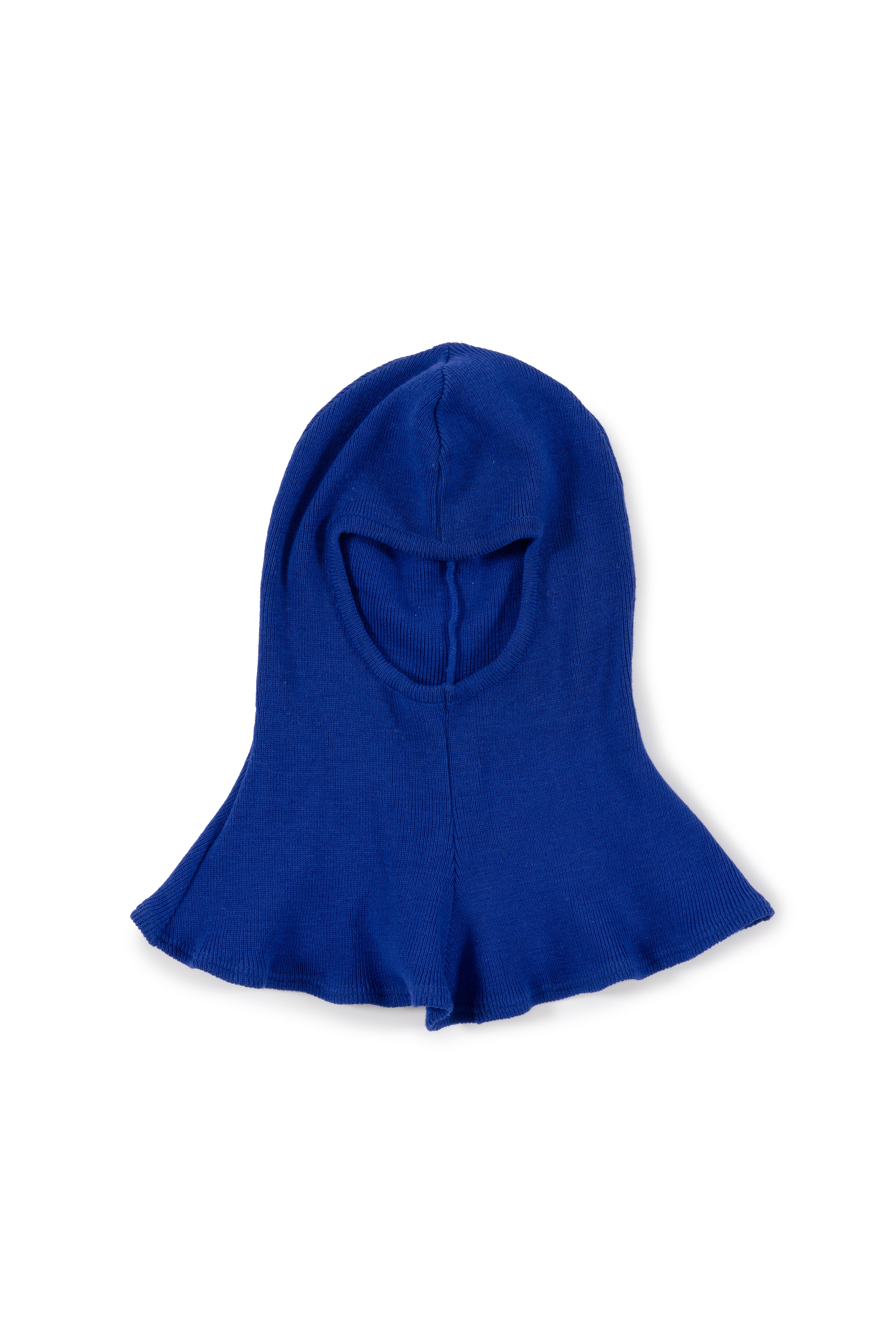 Photograph of the balaclava a part of a five piece royal blue polyester wool blend flight suit with white trims, emblems and patches.
