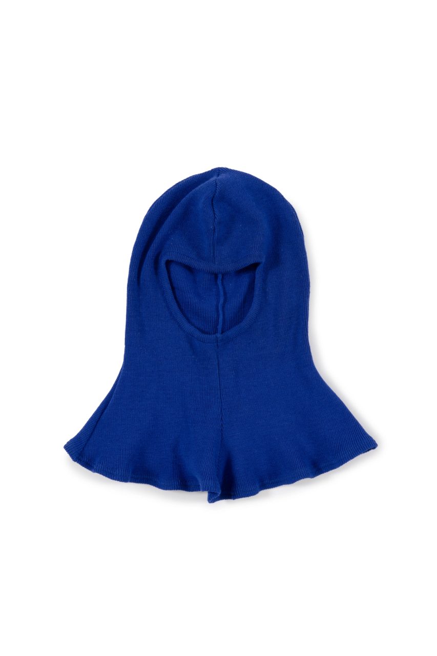 Photograph of the balaclava a part of a five piece royal blue polyester wool blend flight suit with white trims, emblems and patches.